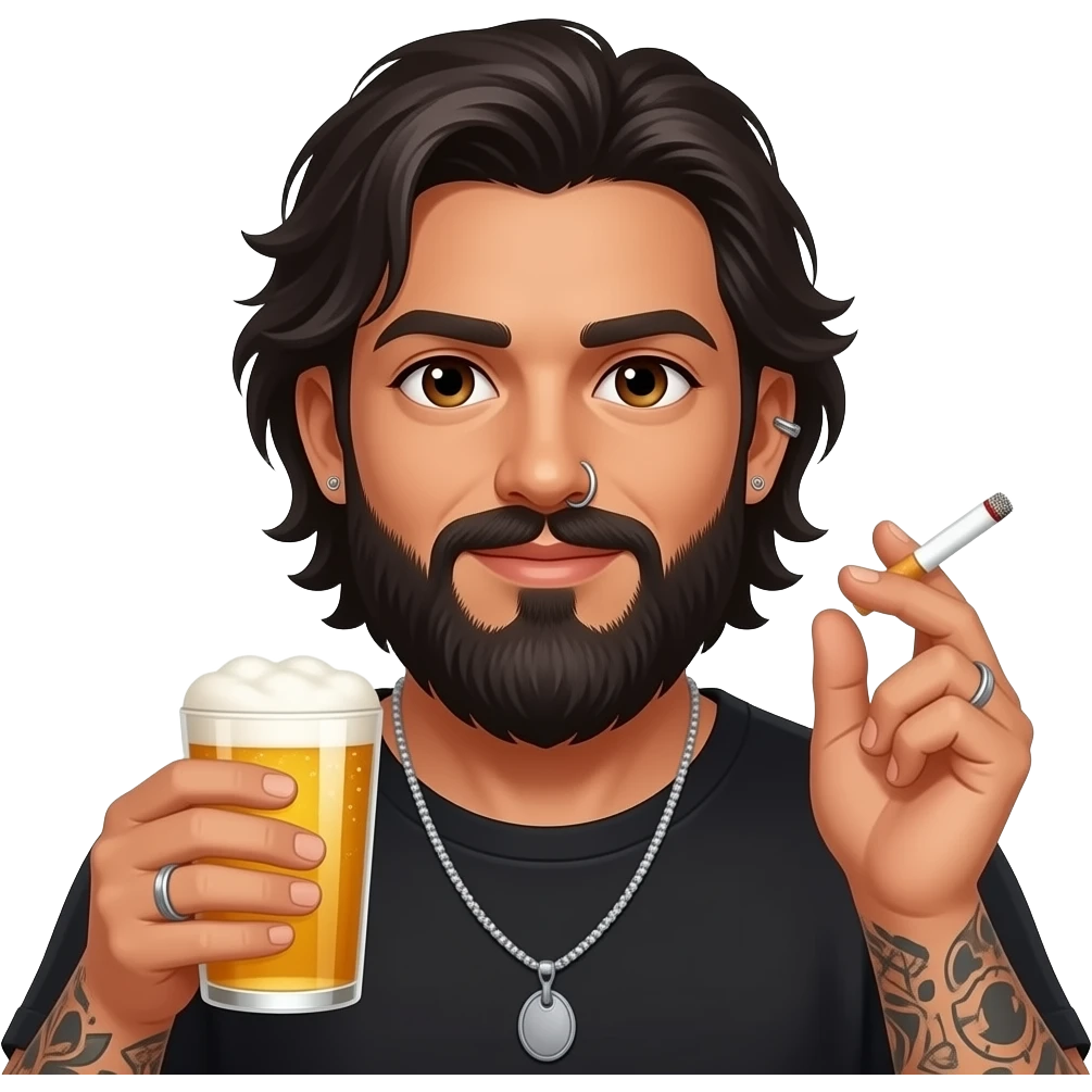 The handsome manly Latino podcast host with medium length hair, a long beard and tattoos with his ears pierced and a nose ring on the right side, dark brown eyes, partying with beers and cigarettes emoji
