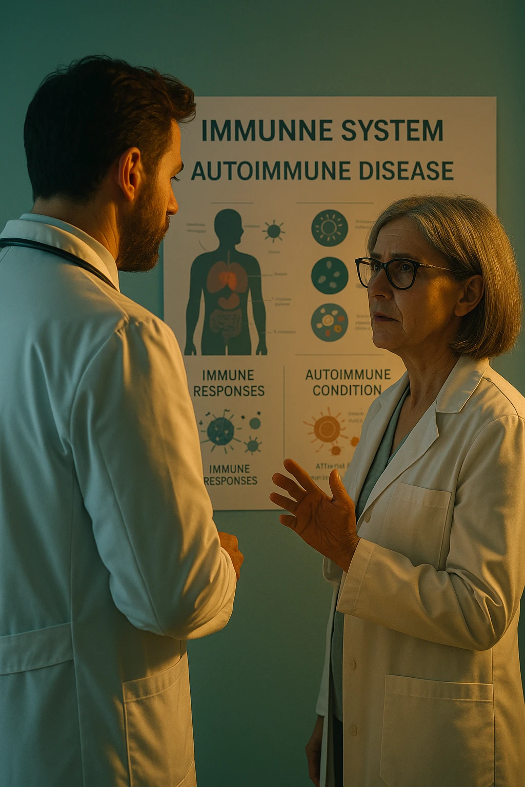 Realistic, detailed photo taken from behind of one doctor e un paziente —a bearded man and a middle-aged woman—standing and facing each other as they discuss an autoimmune disease diagnosis in front of a medical chart that displays information about the immune system and autoimmune conditions. The scene is illuminated by a yellowish, orange, warm light that softly envelops the doctors. The entire room is bathed in a single green-blue color, creating a cohesive and modern atmosphere. Both doctors wear white coats, and their body language suggests a serious, professional conversation about the complexities of autoimmune diseases. Shot with a Canon EOS R5, with high detail and natural depth of field. scritto in italiano emoji