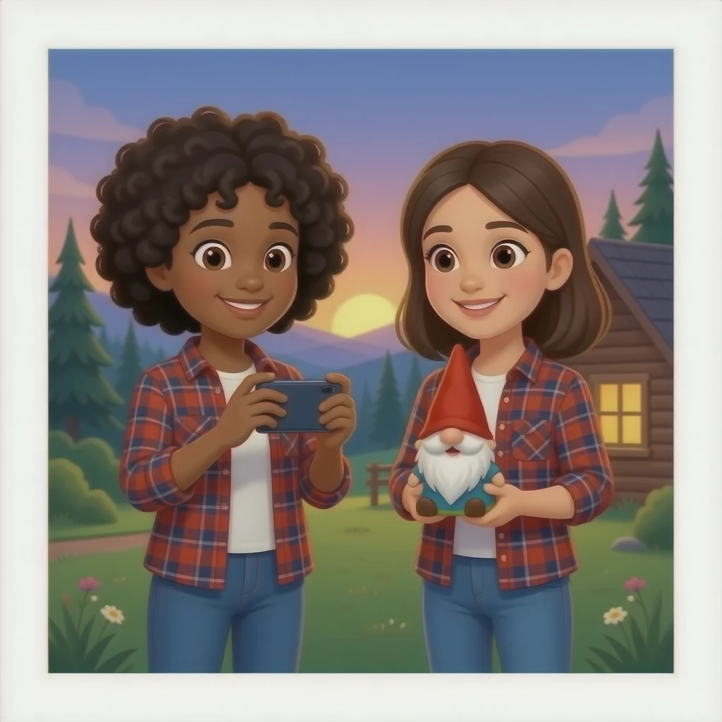 A black girl taking a photo of a spanish girl  holding a small gnome while standing in front of a cabin in the woods. Both wearing flannel in the evening emoji