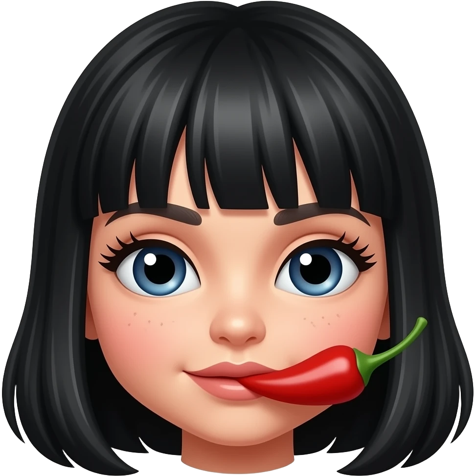 a red chili with girlish eyes, eyelashes and black hair emoji