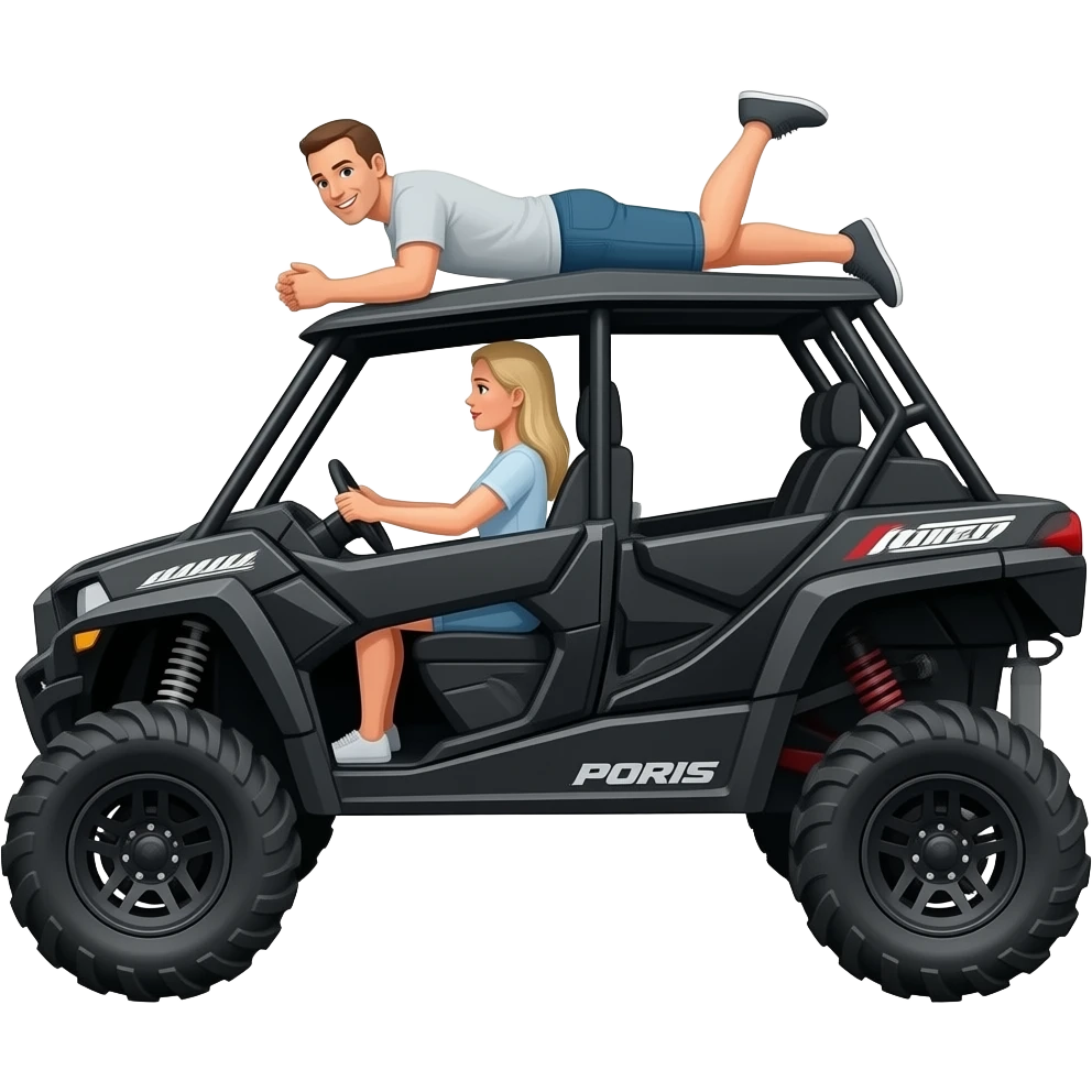 Black side view sxs 4 door Polaris ranger sxs  lifted super high with mom (blonde) and driving  and dad laying on top of roof  on his belly playing emoji