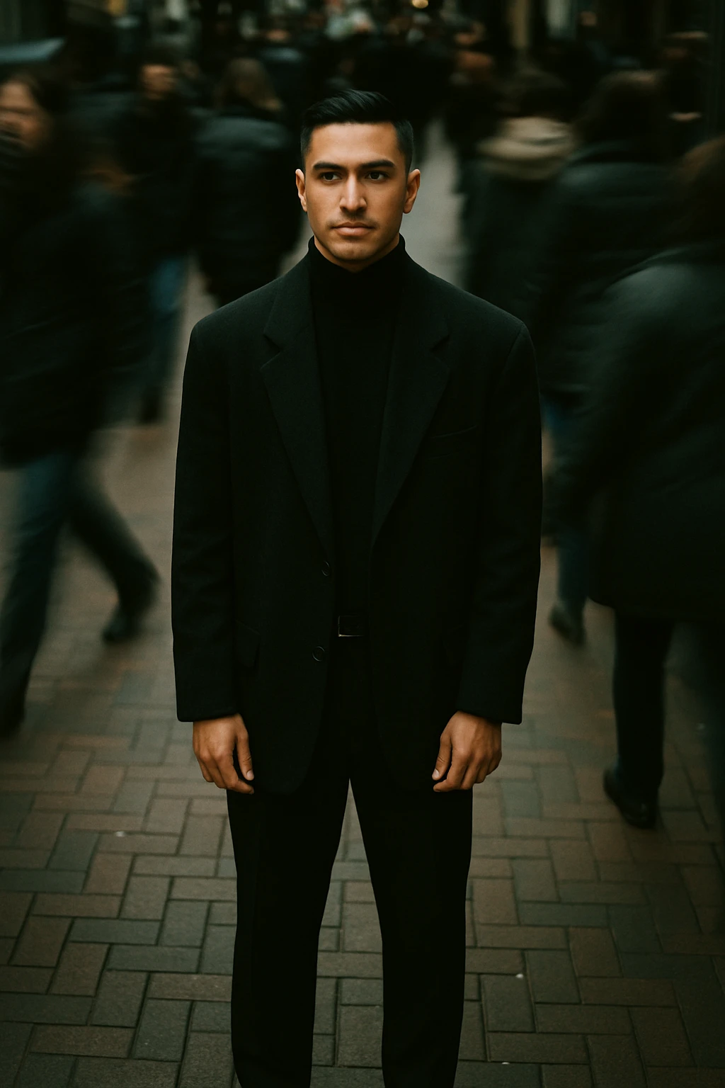 overhead shot of me standing still on a brick city sidewalk, wearing a dark oversized blazer,motion-blurred crowd rushes past around me. Moody lighting, 35mm film look, shallow depth of field, sharp focus on me. emoji