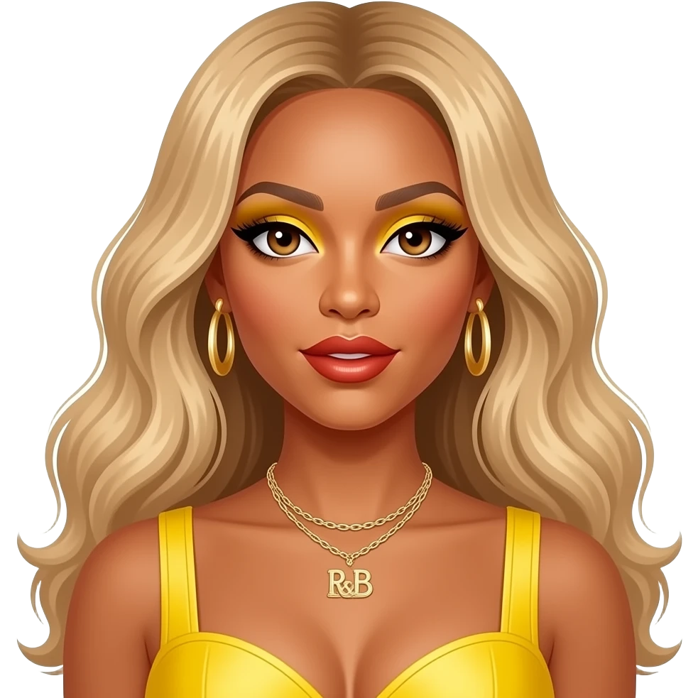 Beyonce with hazel eyes, long strawberry blonde hair, yellow eyeshadow, red lipstick, yellow r&b idol outfit, necklace and earrings emoji