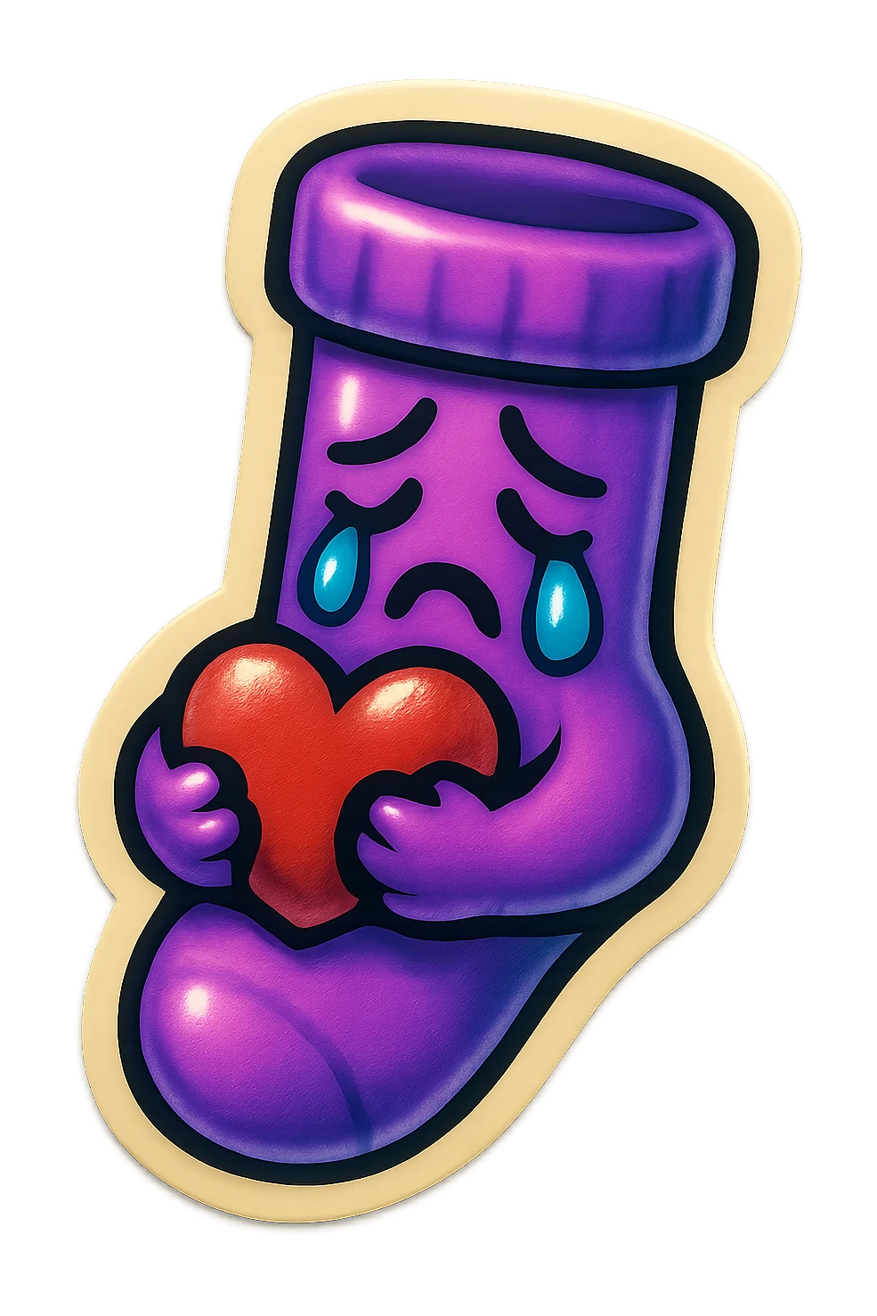 A neon-purple sock with a crying face, holding a heart, representing crying or emotional moments. emoji
