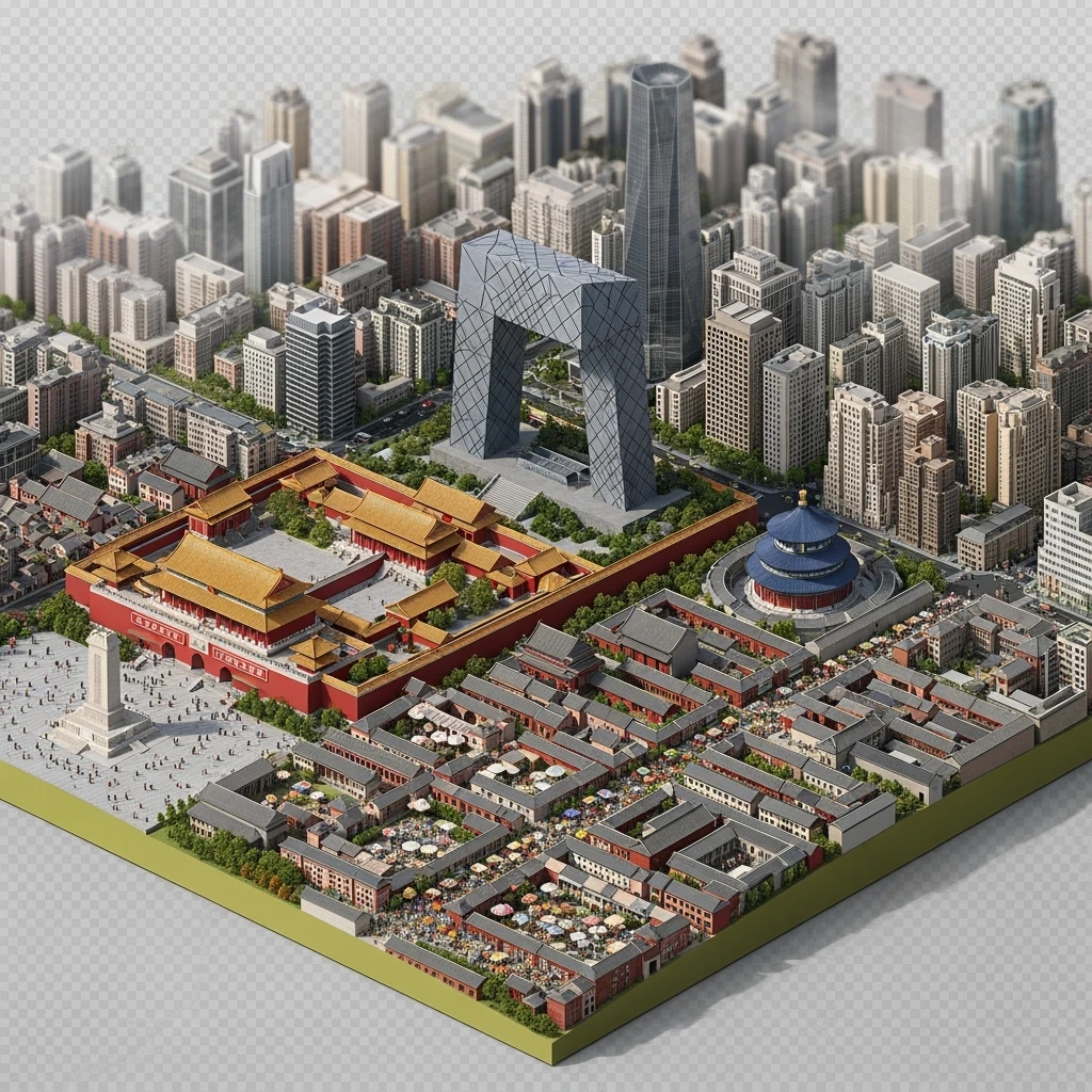 Isometric miniature of Beijing Forbidden City, Tiananmen Square, CCTV Headquarters, Temple of Heaven, and crowded hutong alleys, sprawling apartment blocks, smoggy skyline, 3D miniature effect and Tilt Shift effect, no cartoonish look, transparent background. emoji