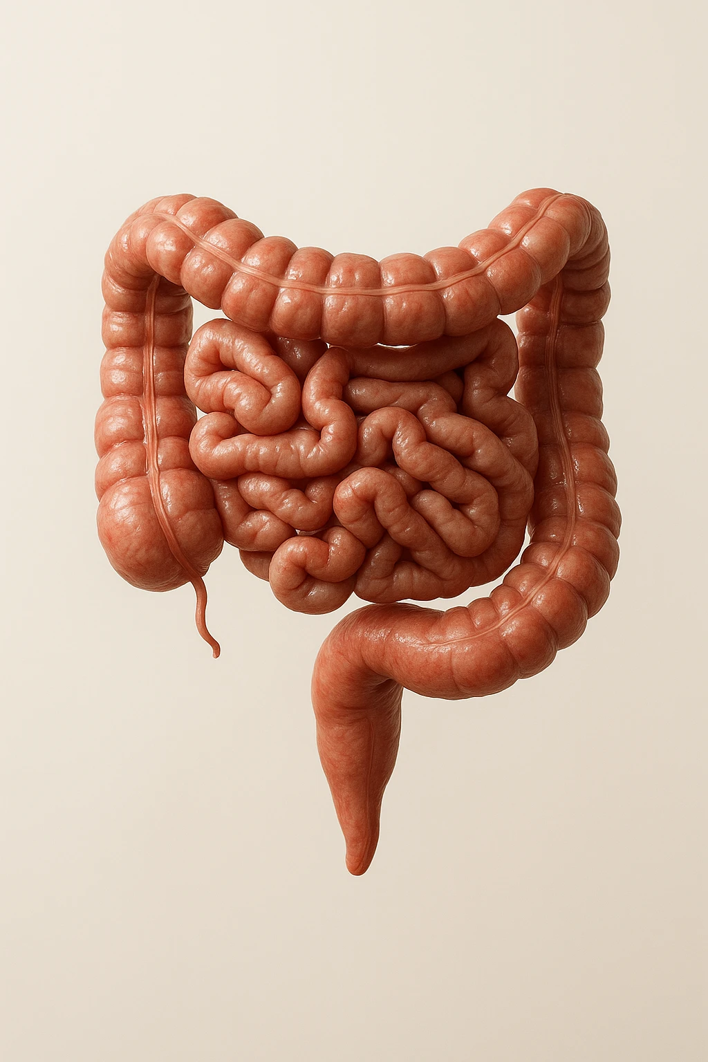 INTESTINO UMANO ANATOMICO REALISTICO FLUTTUA IN ARIA, SFONDO CHIARO, iperrealistico 4k emoji