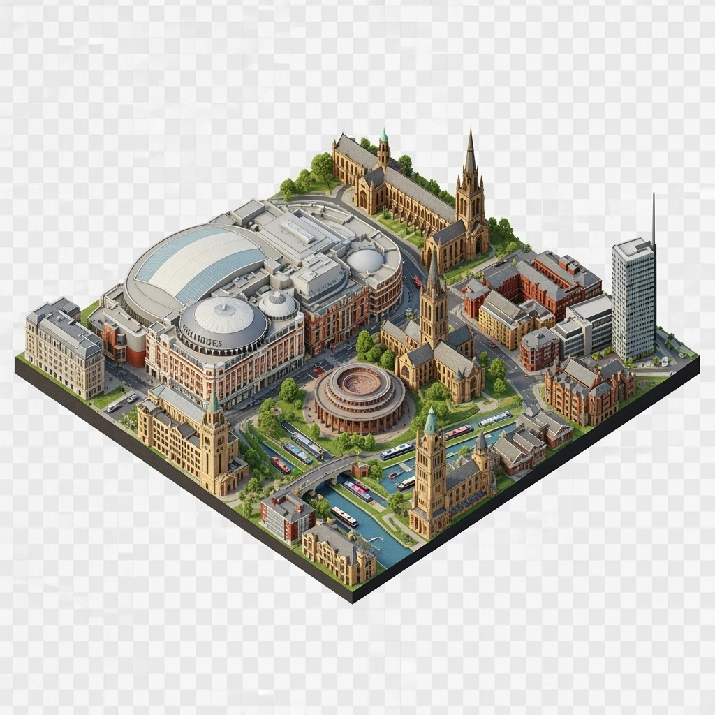 Isometric illustration-model of panorama view Birmingham with photorealistic main attractions, balanced between stylized and realistic, 3D miniature effect, transparent background. emoji