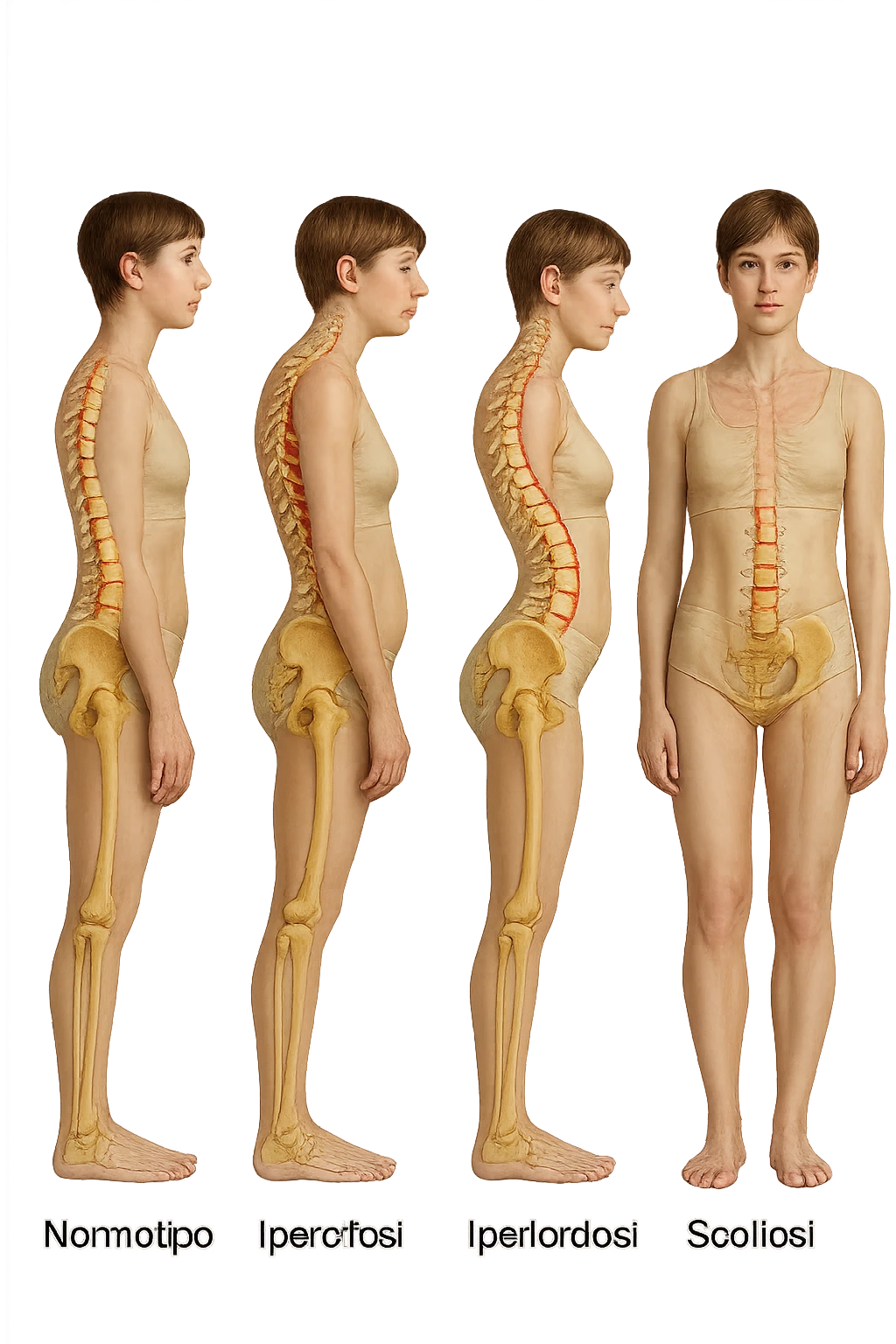 fai un immagine identica che riguarda 3 posture scorrette: scoliosi, ipercifosi e iperlordosi. falla iperrealistica anatomica in 4k con spina dorsale storta in evidenza su ogni figura emoji