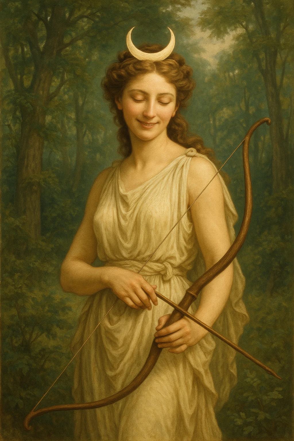 Happy Diana, the goddess of the hunt, smiling, holding a bow, with a crescent moon crown, in a natural setting, elegant and mythological emoji