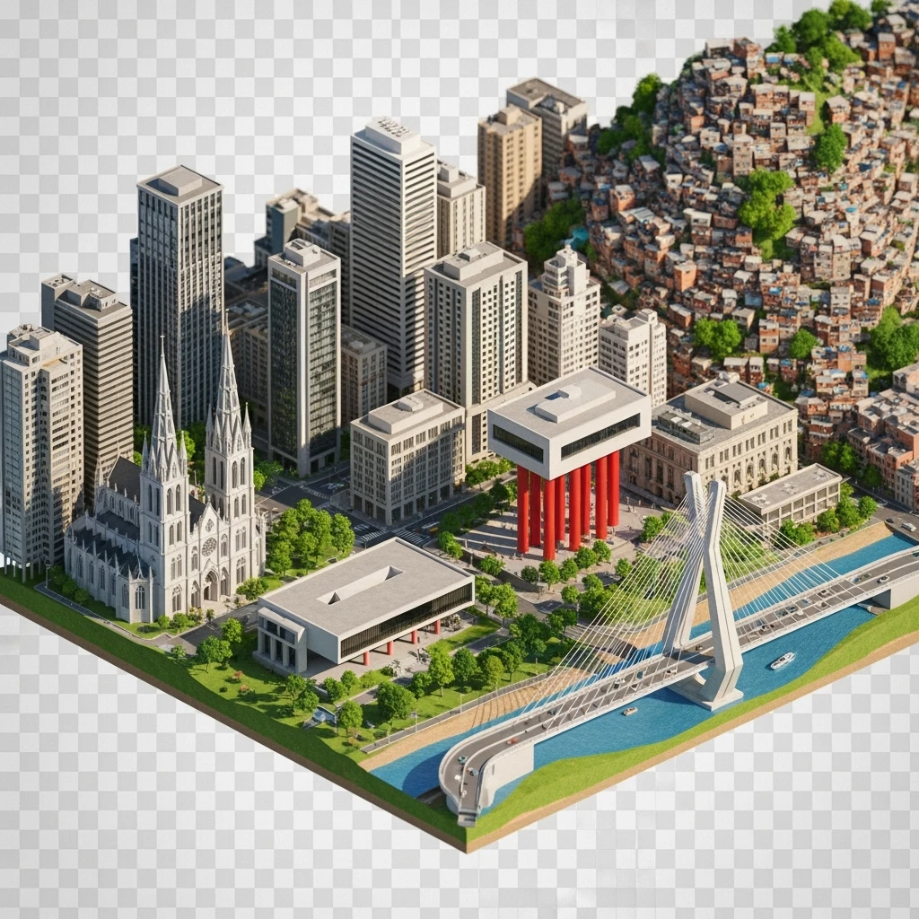 Isometric miniature of São Paulo Catedral da Sé, MASP on red pillars, Octávio Frias Bridge, and Altino Arantes building, favelas on hillsides, dense chaotic urban blocks, and green parks 3D miniature effect and Tilt Shift effect, no cartoonish look, transparent background. emoji