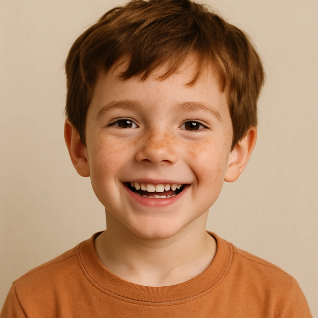 young boy with brown hair and freckles, cheerful, plain background emoji