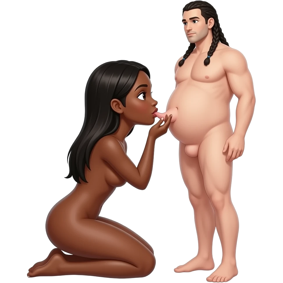Naked Lightskin black woman with long straight hair on her knees sucking a naked skinny white mans big penis while the man is standing in front of her, the man also has braids, both naked emoji