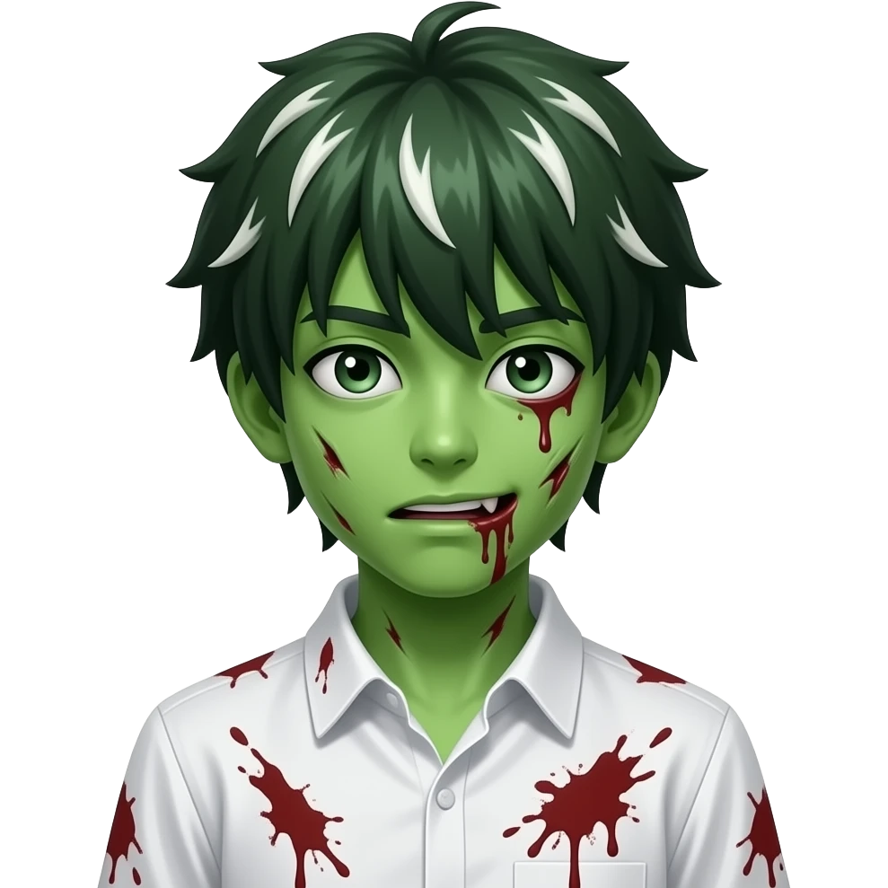 garoto zumbi japonês pele verde com cabelo com luzes brancas e com uma camisa branca com sangue emoji