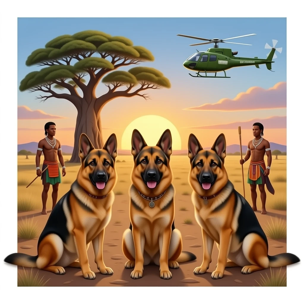 3 k9 german sheppards surrounding african savanna plains sunset boabab backed by traditional dancers (basarwa bushmen) rythm sunset helicopter anti poaching emoji