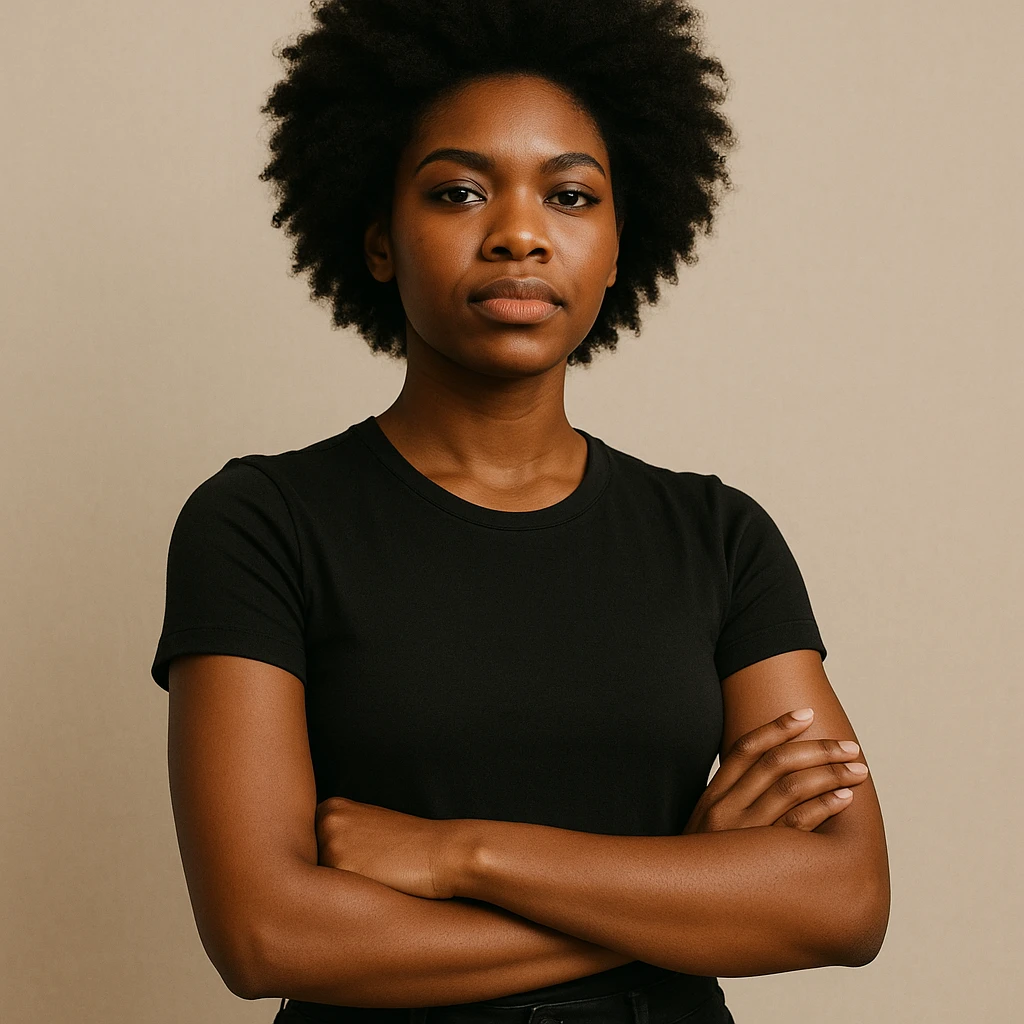 Black person with natural hair, confident pose, simple background emoji
