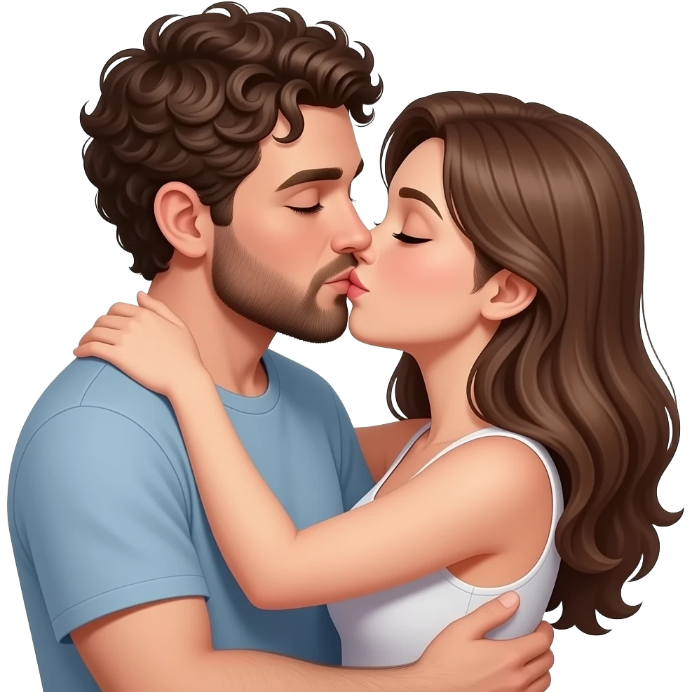Realistic white man brown super short curly hair with beard kissing passionately and hugging realistic white girl brown hair emoji