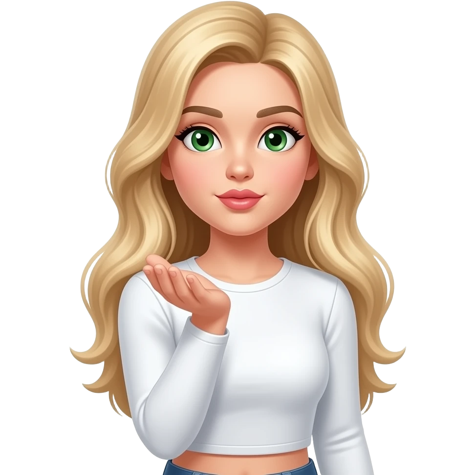 White Blonde girl with long hairs, green eyes wearing long sleeves crop white blowing a kiss emoji