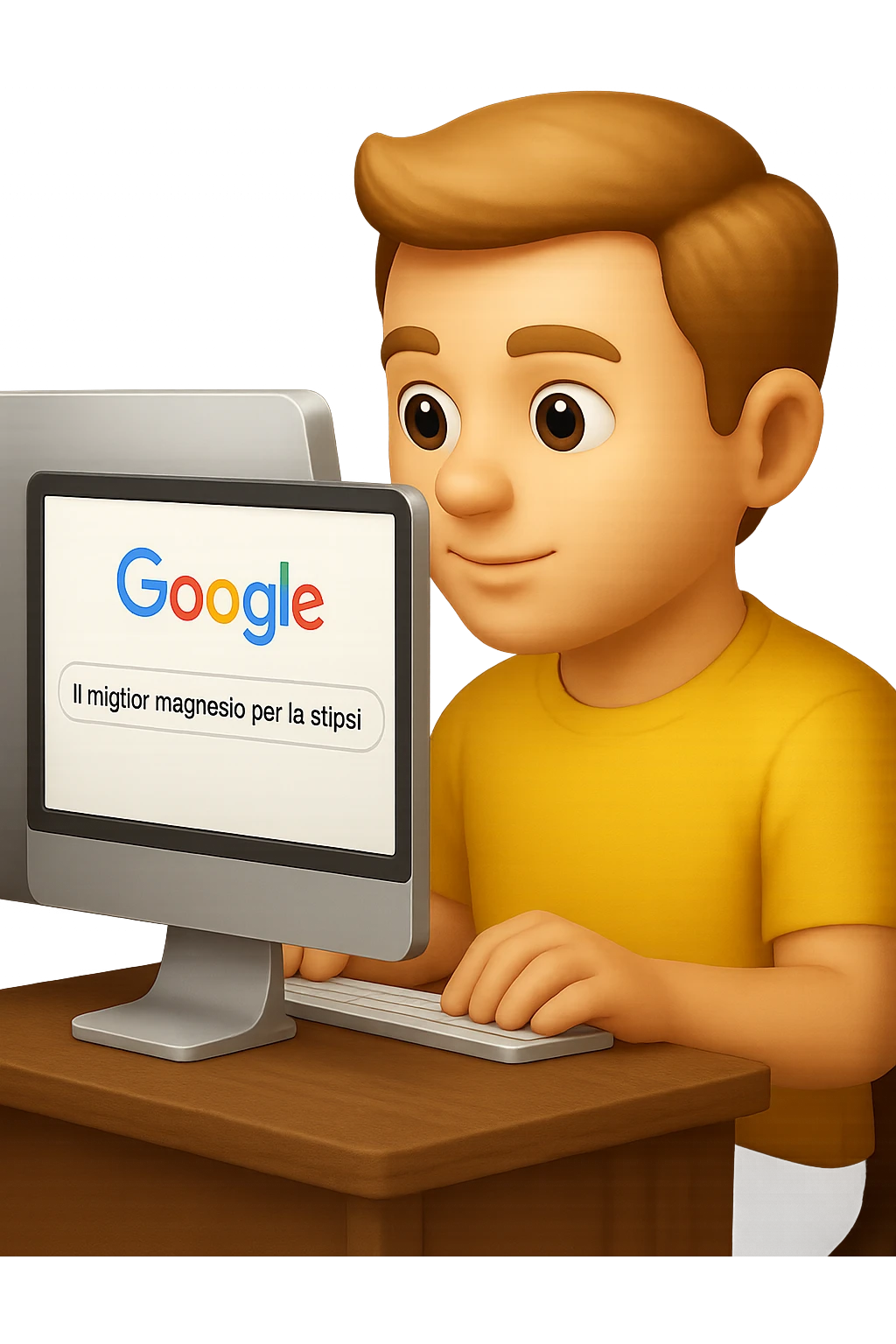 emoji stile iphone di un uomo davanti al pc che cerca di google: "Il miglior magnesio per la stipsi", iperrealistico 4k emoji