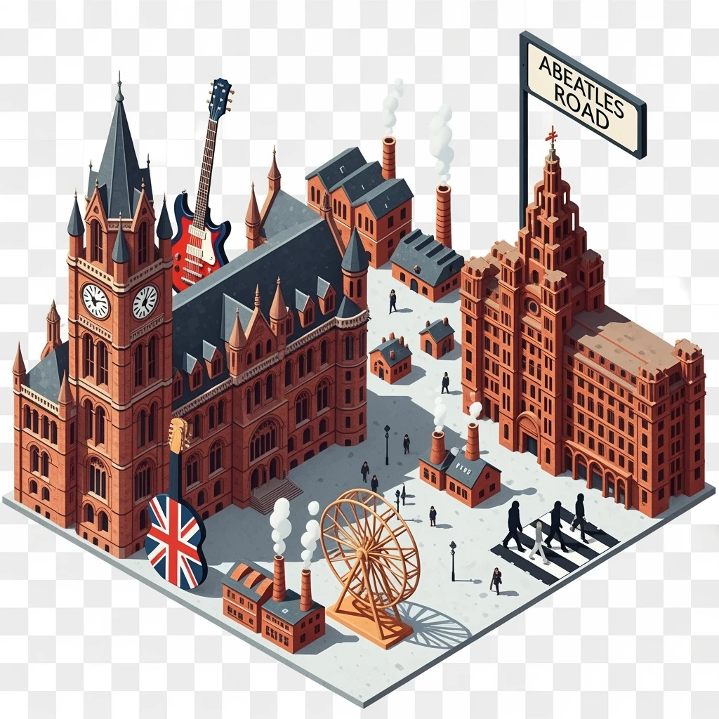 Isometric illustration of Manchester and Liverpool combined, Beatles references (Abbey Road sign), Manchester Town Hall, a Union Jack guitar and brick building in a miniature, toy-style factories, balanced between stylized painting and realistic,  transparent background emoji