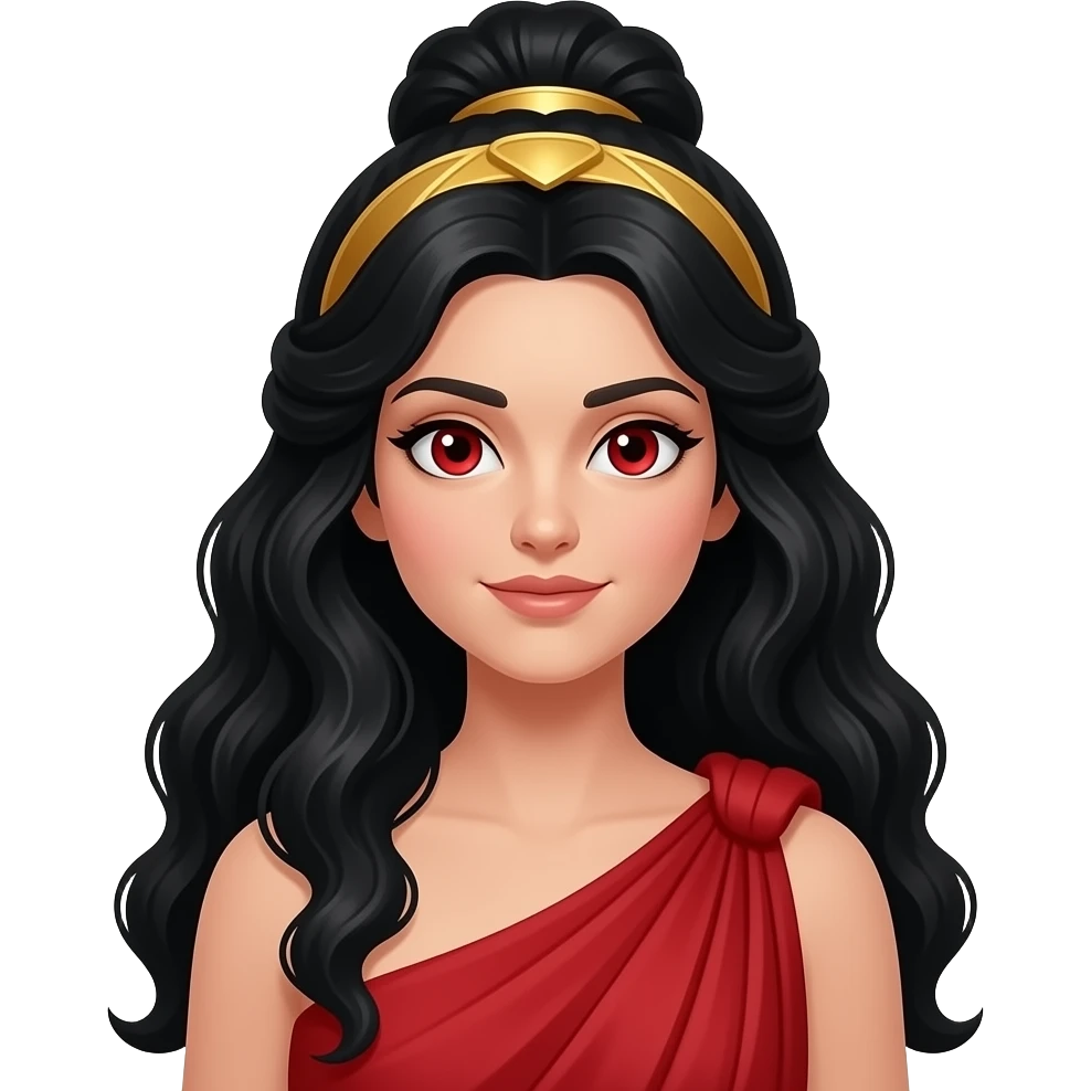 Vesta from Roman Mythology with red eyes, long black wavy updo hair, red chiton dress, gold headscarves emoji