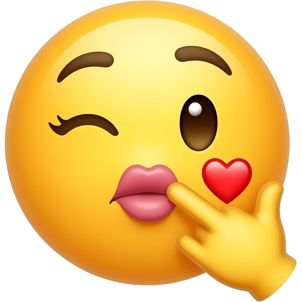 A yellow emoji face pucking their lips and winking one eye while positioning their hand by their mouth to blow a kiss, followed by a small red heart next to the face near the hand emoji