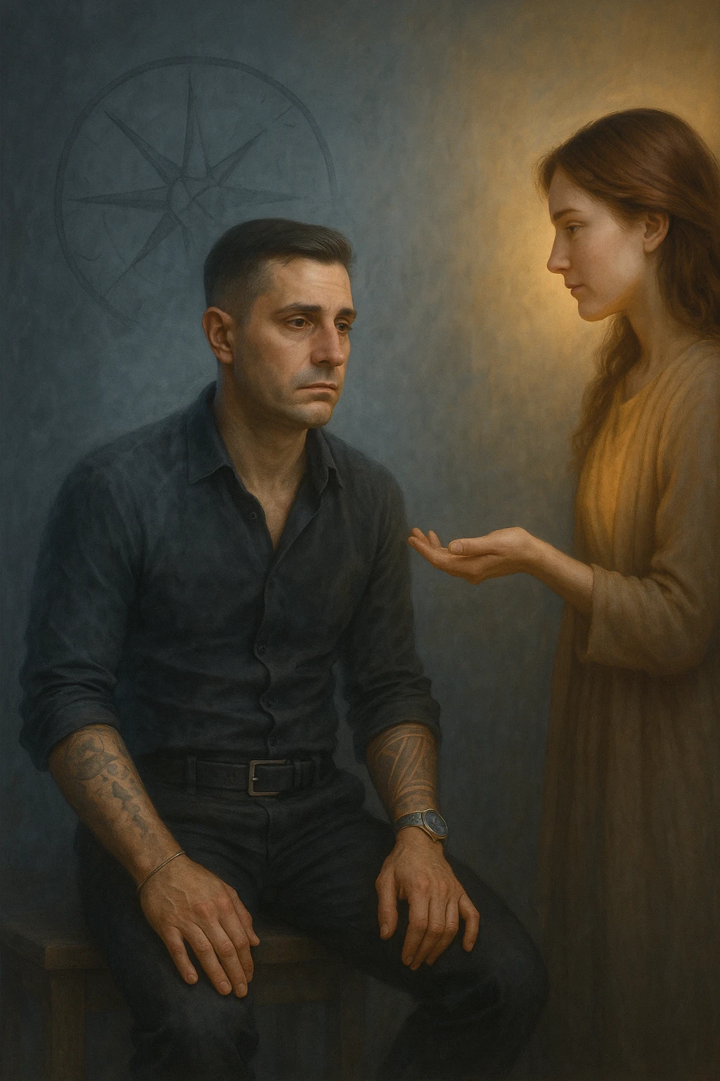 Uomo tra i 35 e i 45 anni seduto su una panchina o in una stanza tranquilla, sguardo rilassato ma spento, come sollevato nel mentale ma svuotato nello spirito. Davanti a lui una donna lo guarda con dolcezza, mano tesa come per offrire una soluzione. L’ambiente attorno all’uomo è grigio-bluastro, con la sua aura maschile che si dissolve leggermente, mentre intorno alla donna una luce calda e stabile. Sullo sfondo, un simbolo spezzato di bussola o direzione, a indicare la perdita di leadership interiore. Atmosfera riflessiva, stile realistico con simbolismi delicati emoji