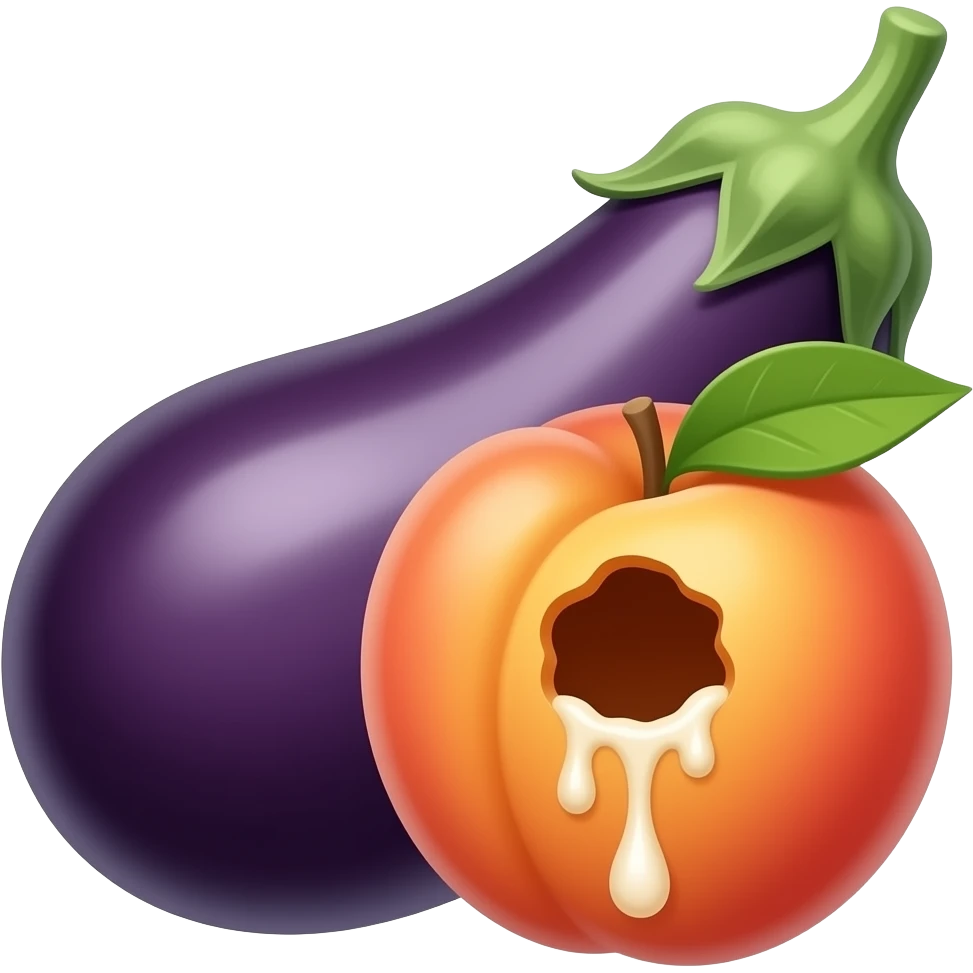 Eggplant behind peach with hole dripping white liquid emoji