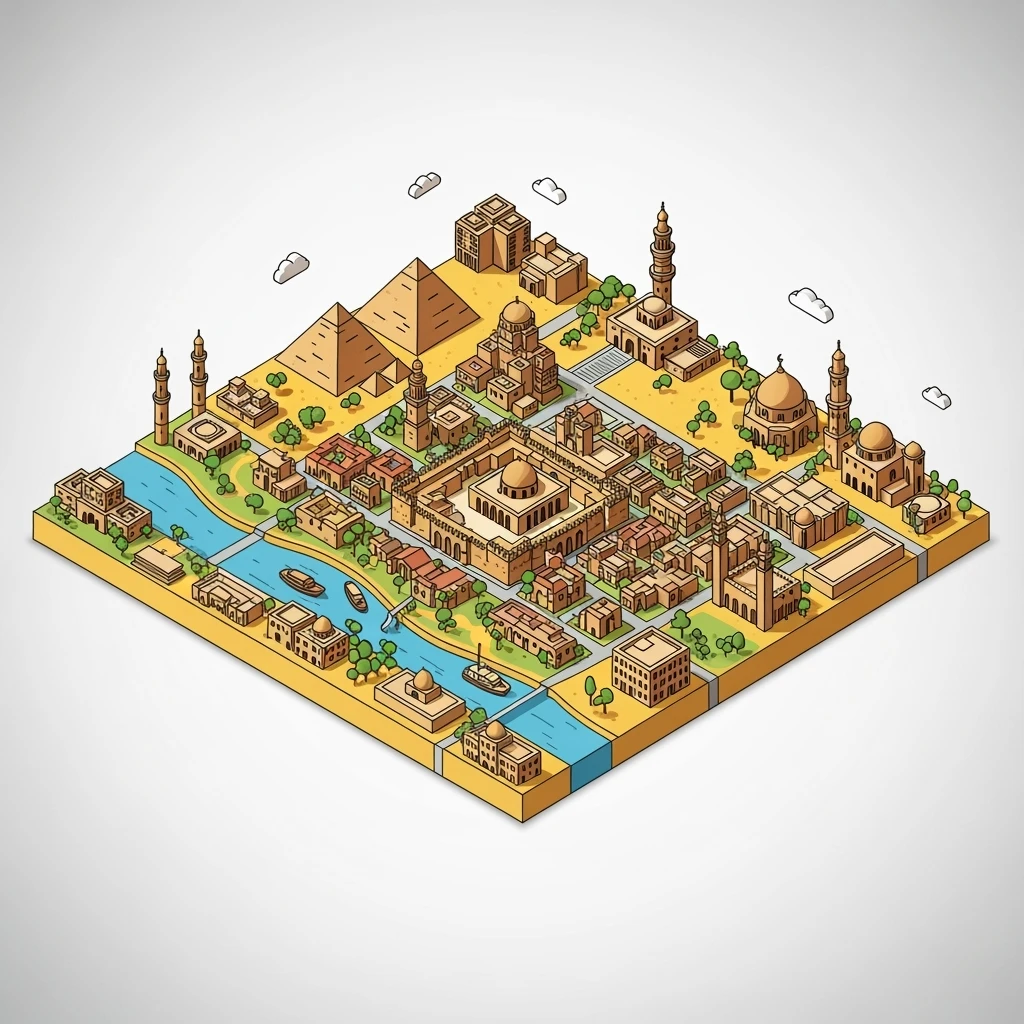Isometric minimalistic illustration of Cairo, subtle 3D miniature effect and Tilt Shift effect, no cartoonish look, transparent background. emoji
