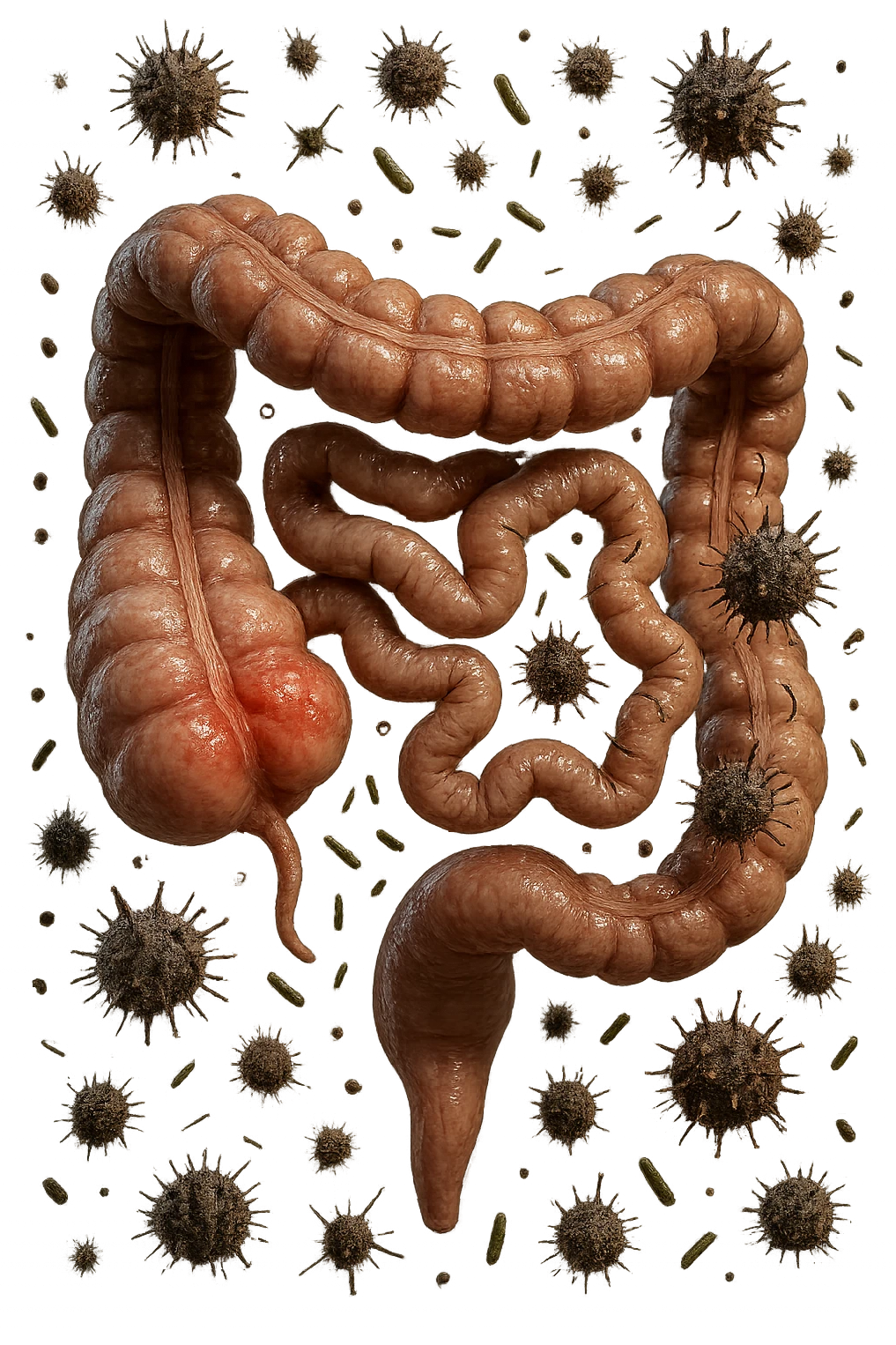intestino anatomico realistico con red spot di infiammazione CON VARIE PARTICELLE TOSSICHE CHE CERCANO DI ATTACCARLO, IPERREALISTICO 4K emoji