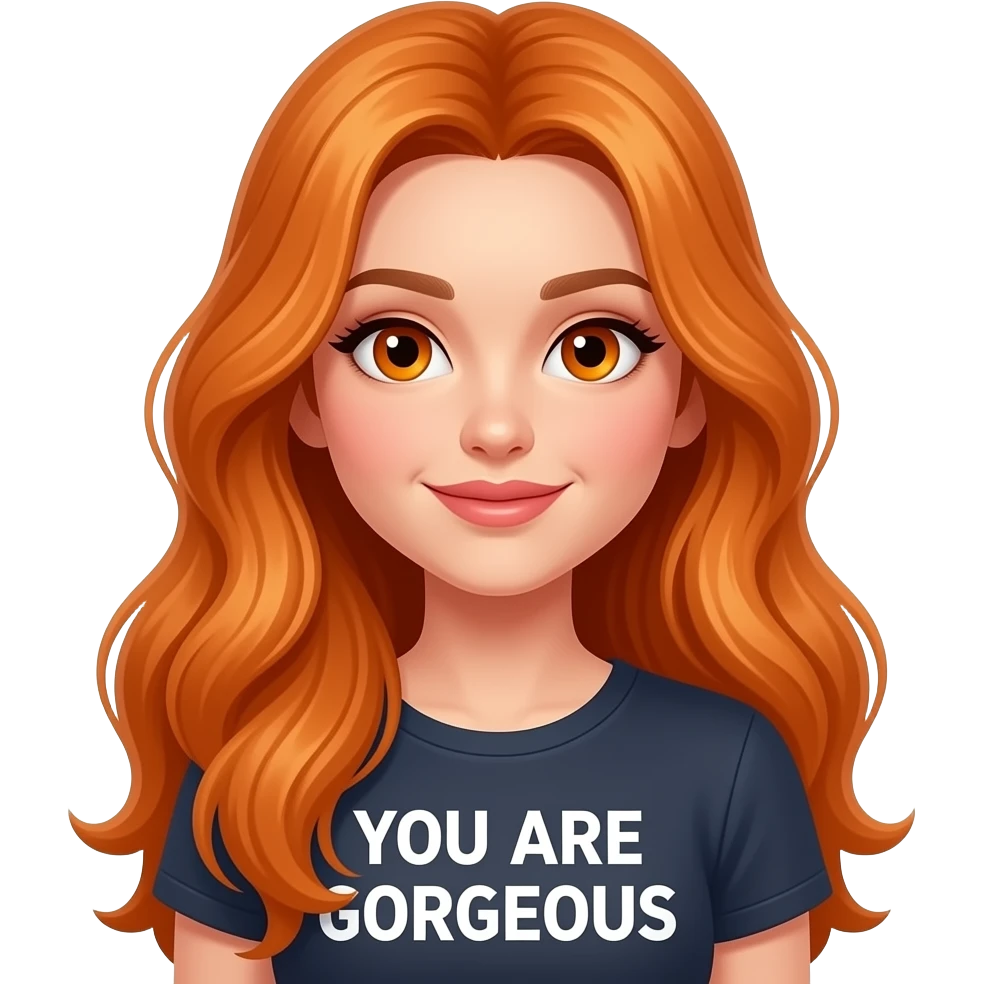 sexy girl with overlong ginger hair and ginger eyes a top with YOU ARE GORGEOUS written on it emoji