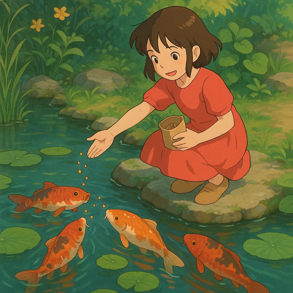 girl feeding koi fish in a pond emoji