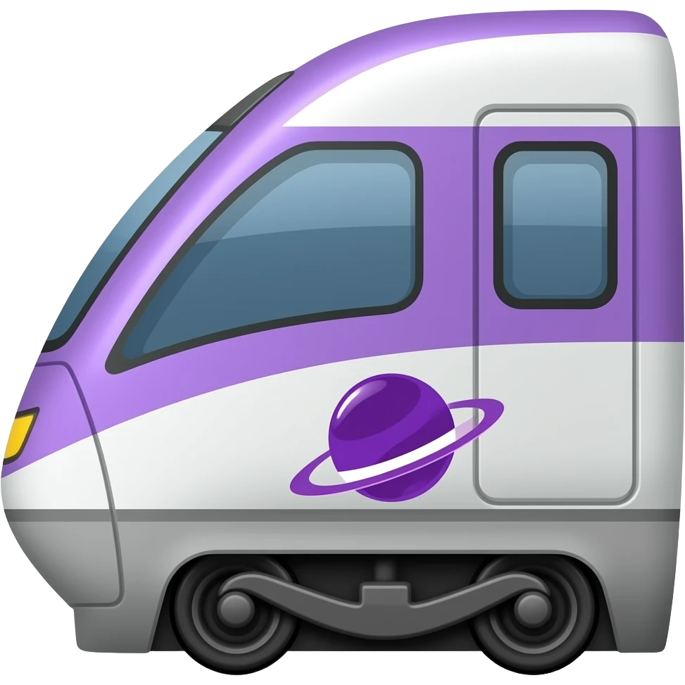 A purple and white train with a logo showing a purple planet with a rocket emoji