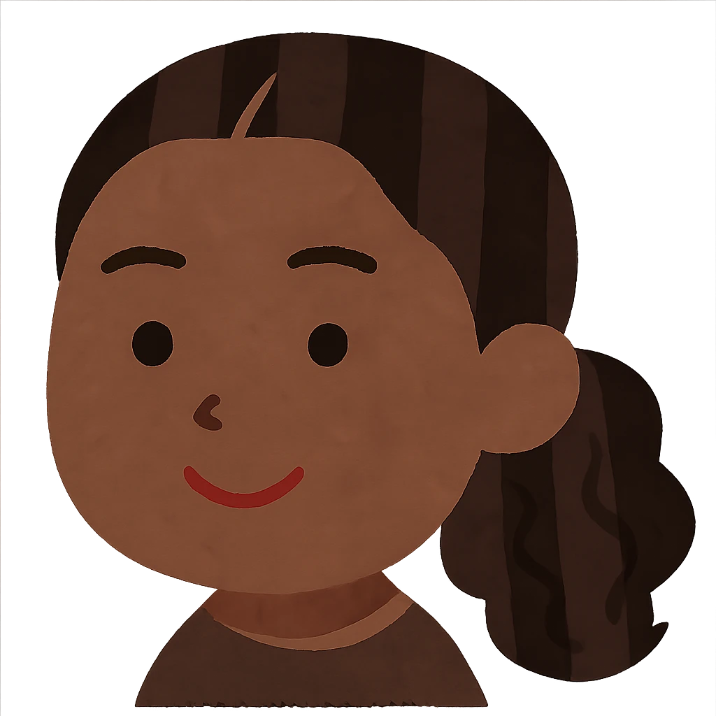 Edit the image to make the skin color moderately darker than the original, but not too dark. Keep the Irasutoya style with soft colors, a round face, simple features, and a friendly expression. Ensure there is no neck visible and maintain a transparent background. emoji