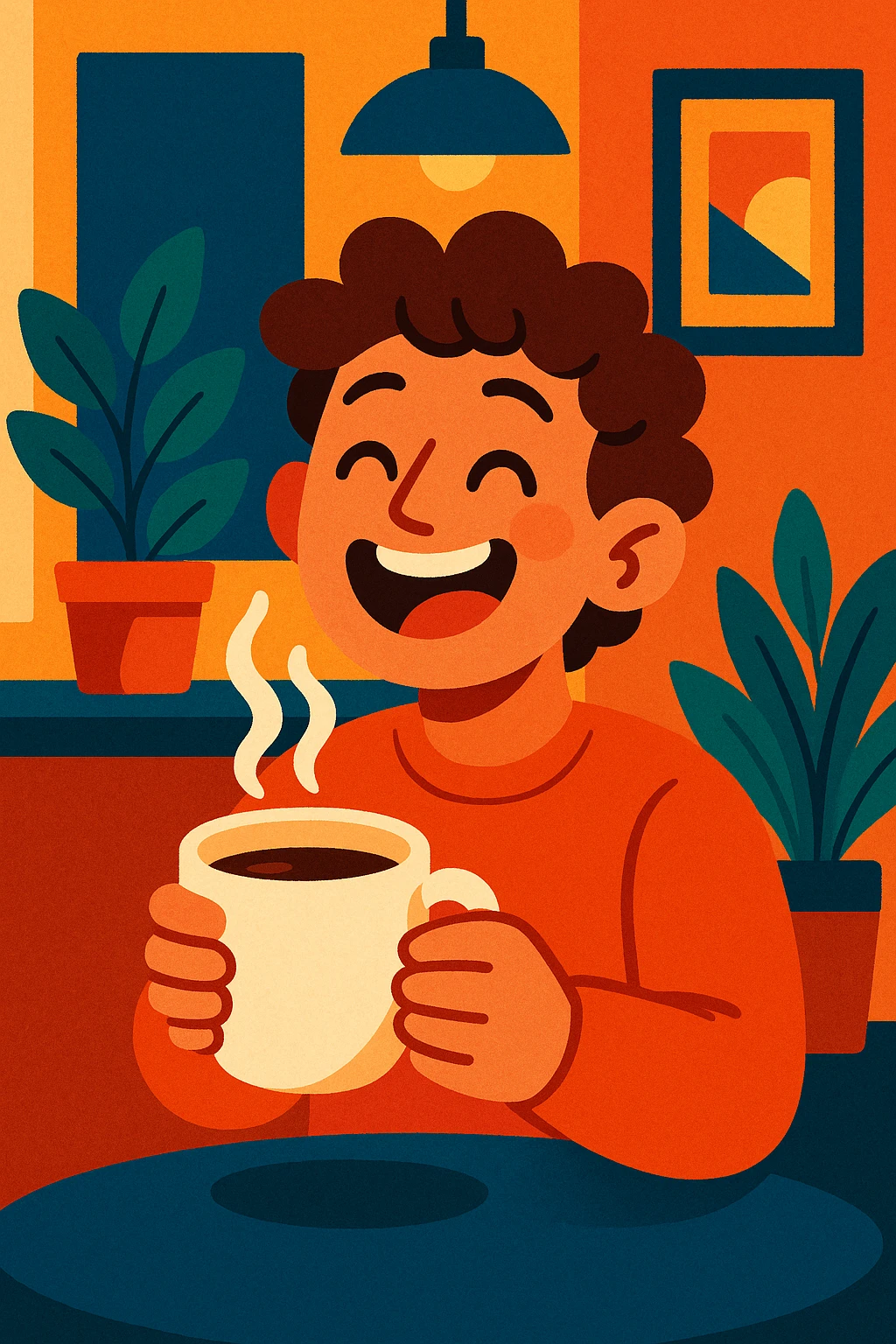 a person joyfully holding a steaming cup of coffee, expressive face, cozy atmosphere, modern illustration style emoji
