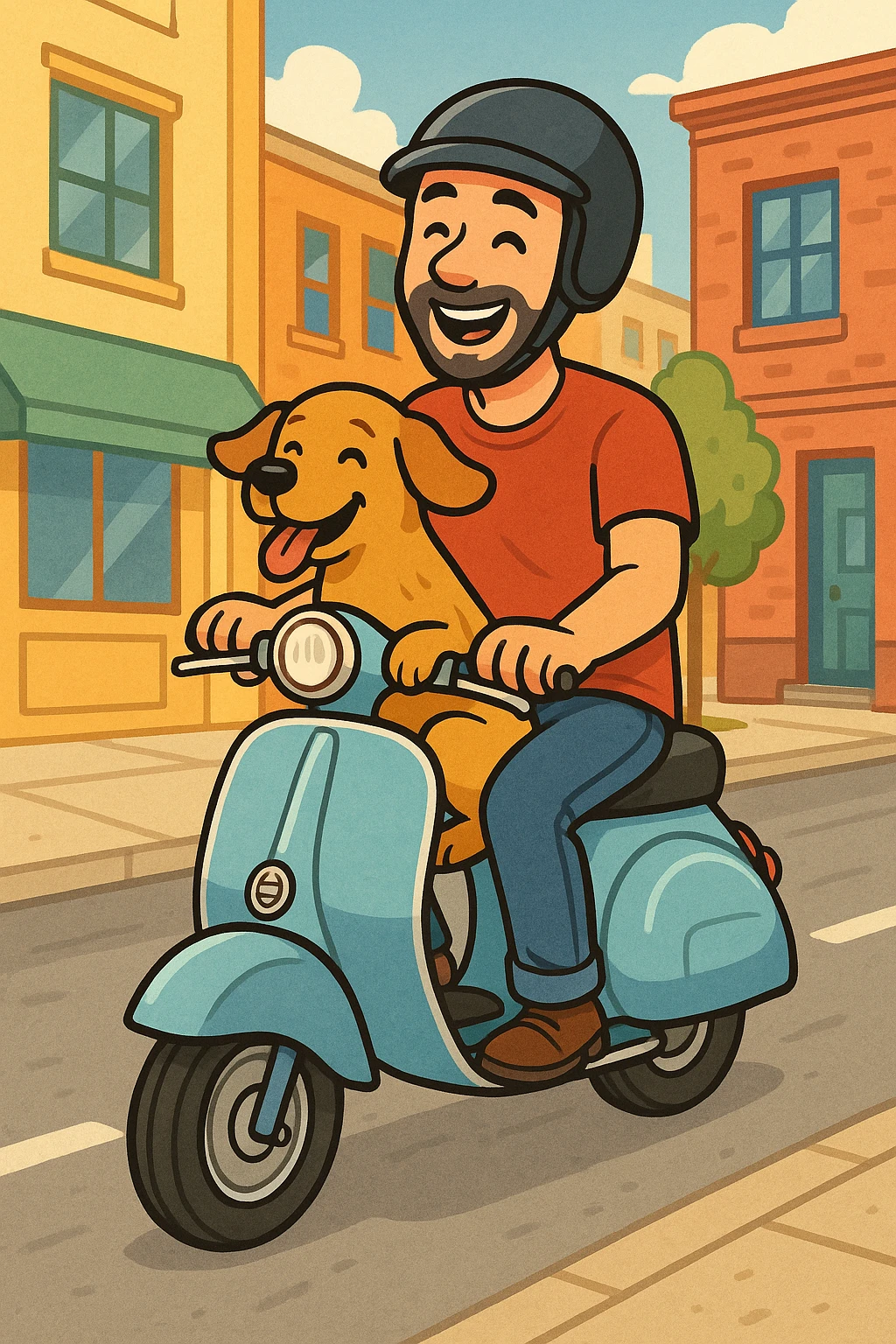 man and his pet dog riding a vespa emoji