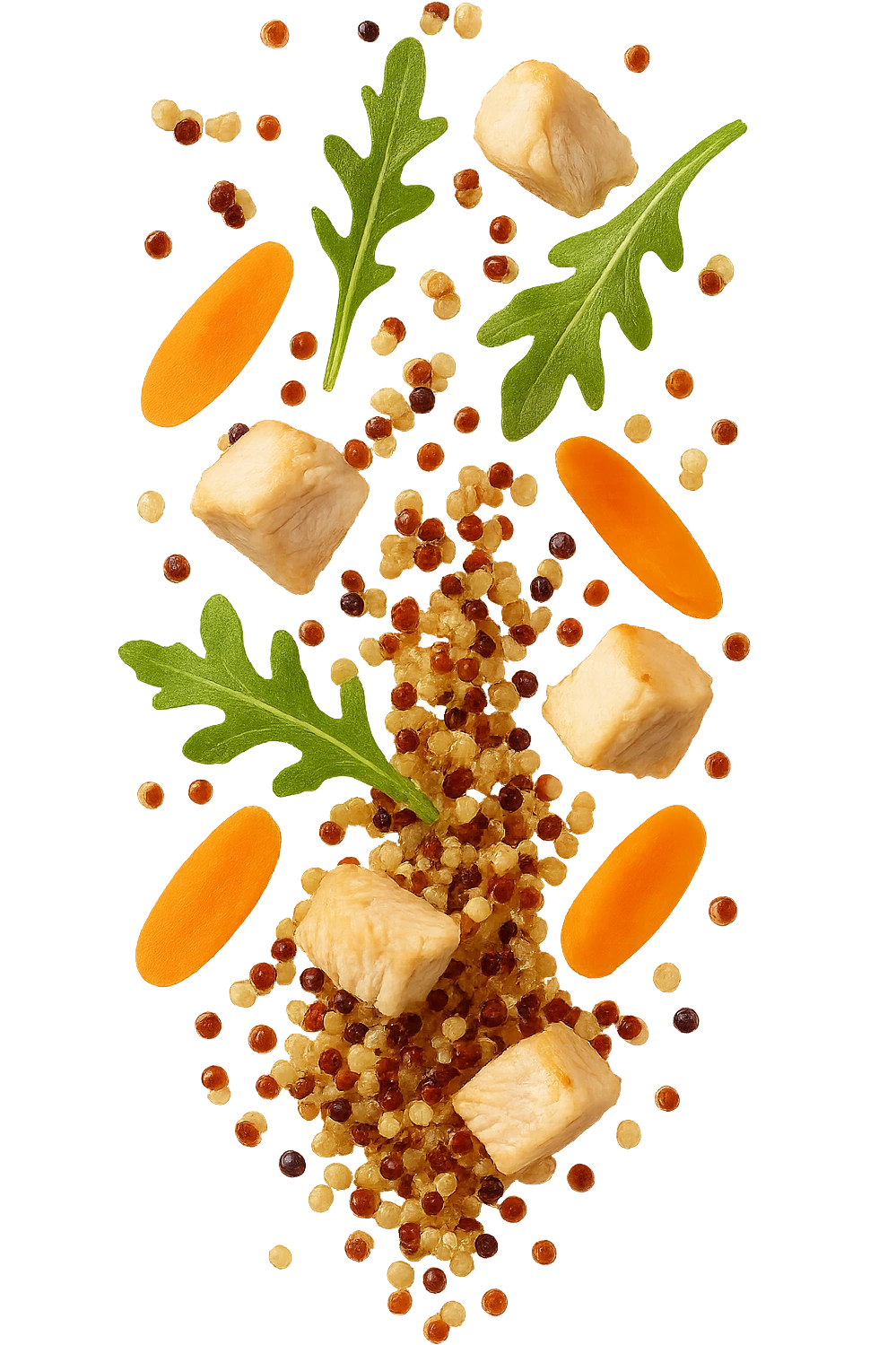 EMOJI STILE IPHONE DI quinoa e pollo con rucola e carote CHE CADONO VERTICALMENTE DALL'ALTO, iperrealistica 4k emoji