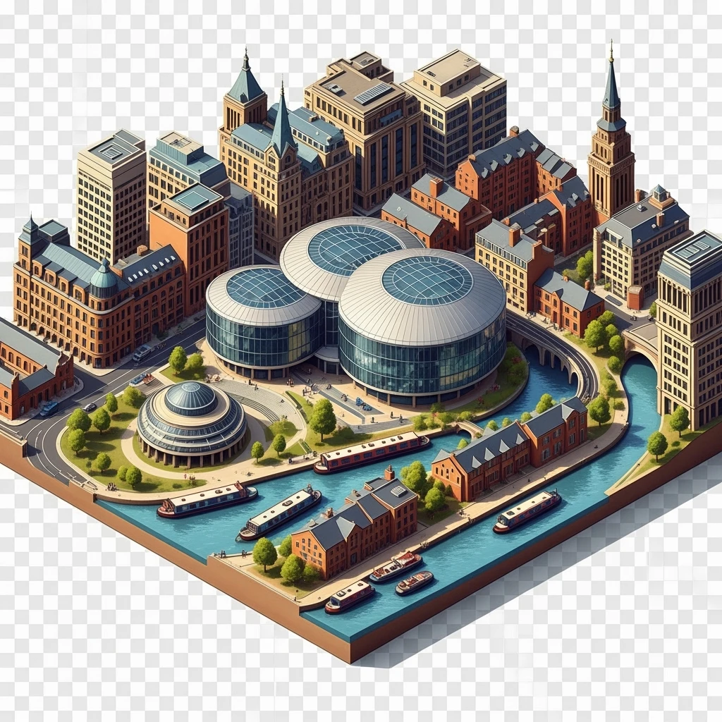 Isometric illustration of Birmingham, featuring the Library of Birmingham with its modern architecture and nearby canals, highly detailed in semi-realistic style, balanced between stylized and realistic, 3D miniature effect, transparent background. emoji