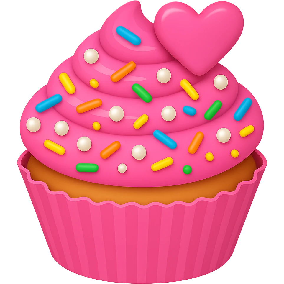 Add rainbow sprinkles to the pink cupcake with pearls in emoji style. The cupcake should have no background. Keep the look of an emoji style cupcake with vibrant colors and simple shapes. emoji