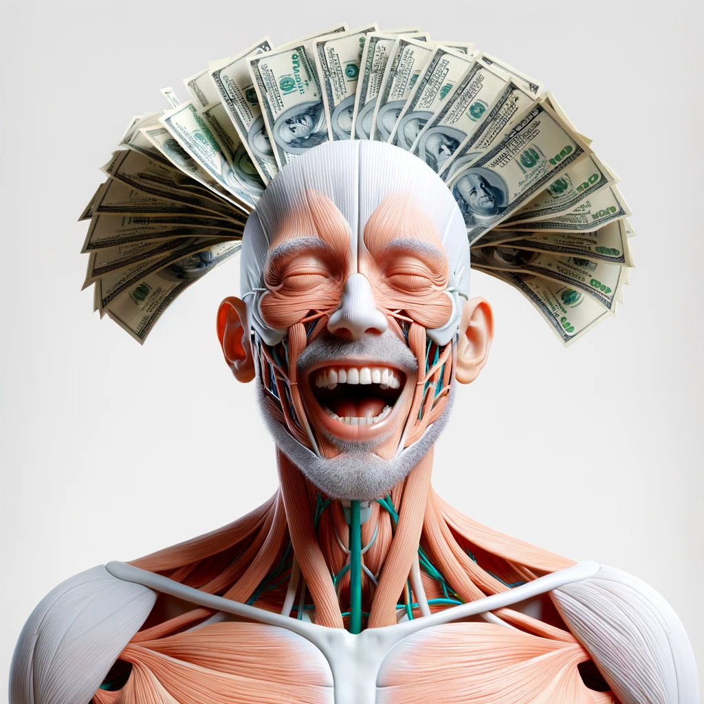 corpo umano anatomico sereno e felice con una montagna di banconote davanti al viso, espressione stupita, iperrealistica 4k, isolato su sfondo bianco emoji