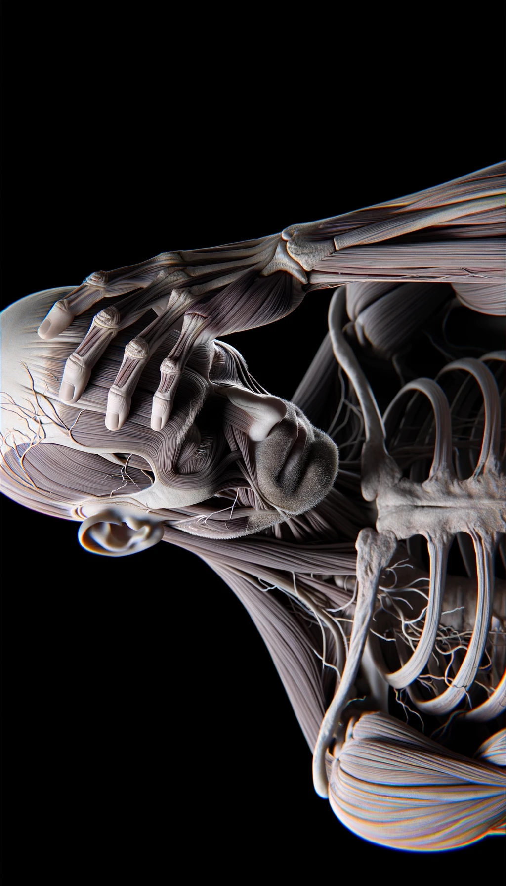 CORPO UMANO ANATOMICO STANCO CON MANO SULLA FRONTE, IPERREALISTICO 4K emoji