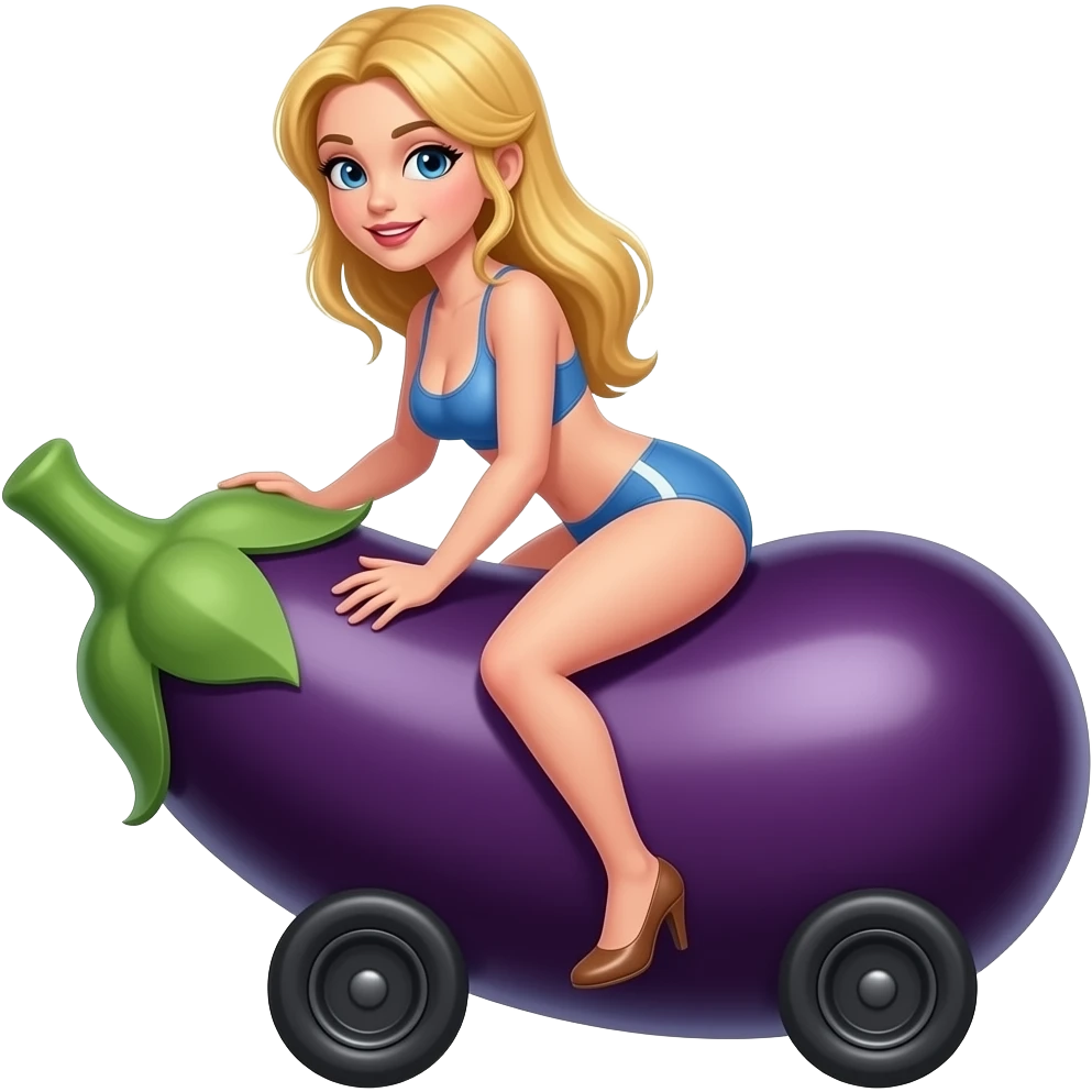 Generate a pervert blond gril riding a eggplant with nice weels emoji