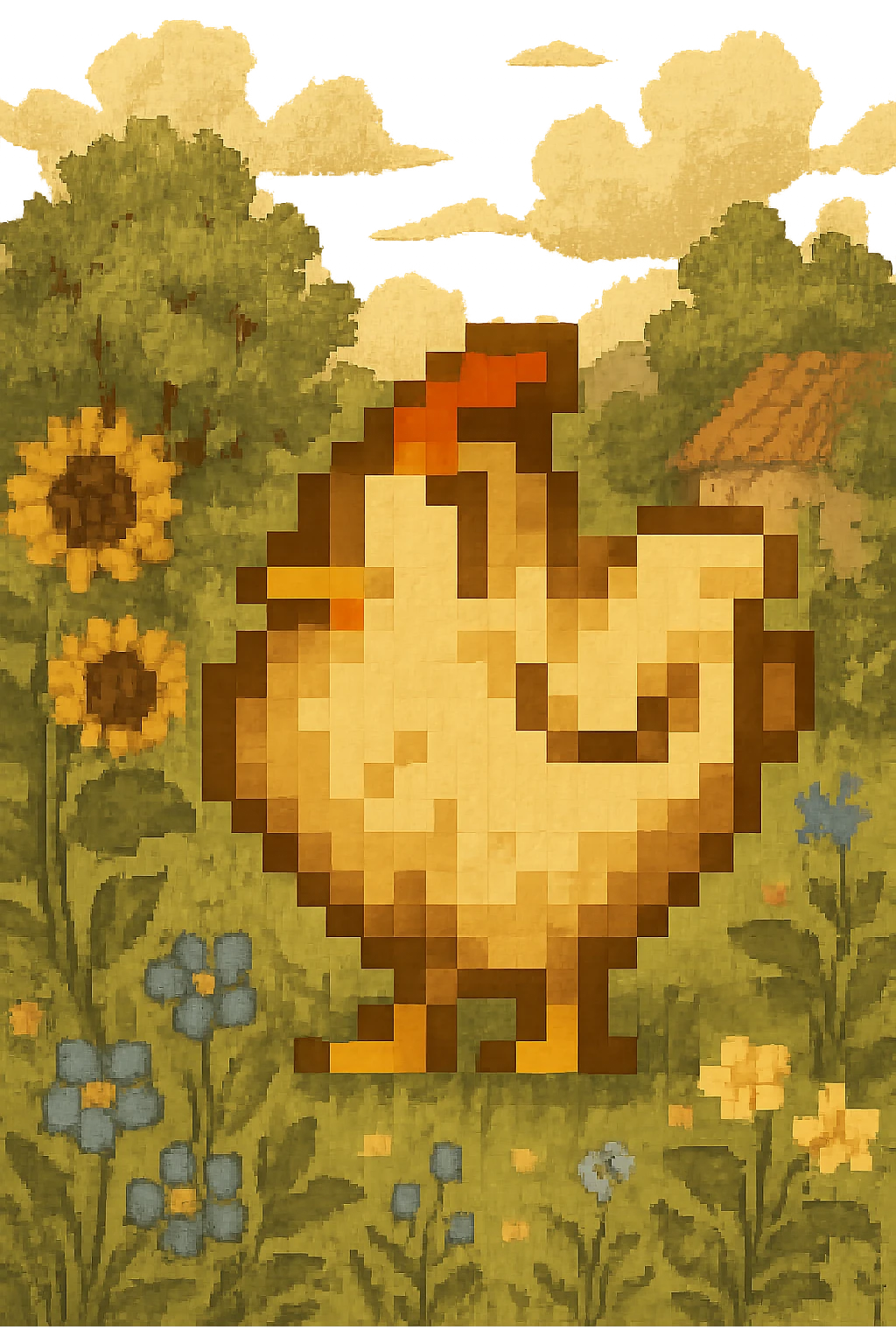 Using a transparent background, re-imagine this pixelated chicken in a cottage core setting emoji