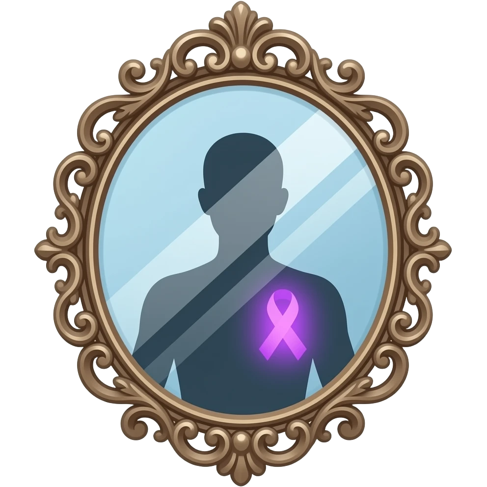detailed and ornate mirror who reflecting a human silhouette with a glowing purple ribbon on the chest, symbolizing fibromyalgia awareness, soft gradients, subtle sparkle highlights, cute and minimal, transparent background emoji