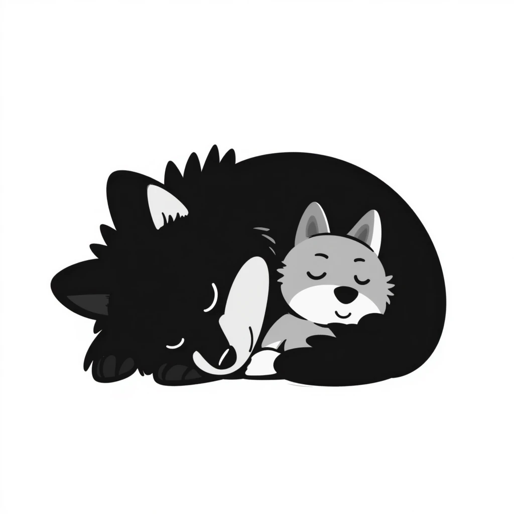 cute baby wolf sleeping with a little wolf stuffed animal emoji
