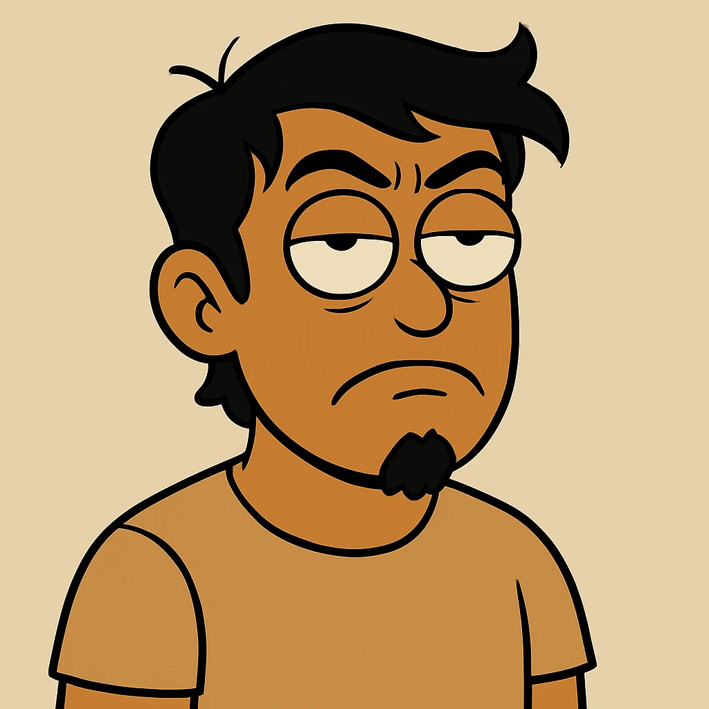 Make the tan skinned guy with black hair look more annoyed while rolling his eyes, and add a small goatee beard. Keep the style and background the same as the original image. emoji