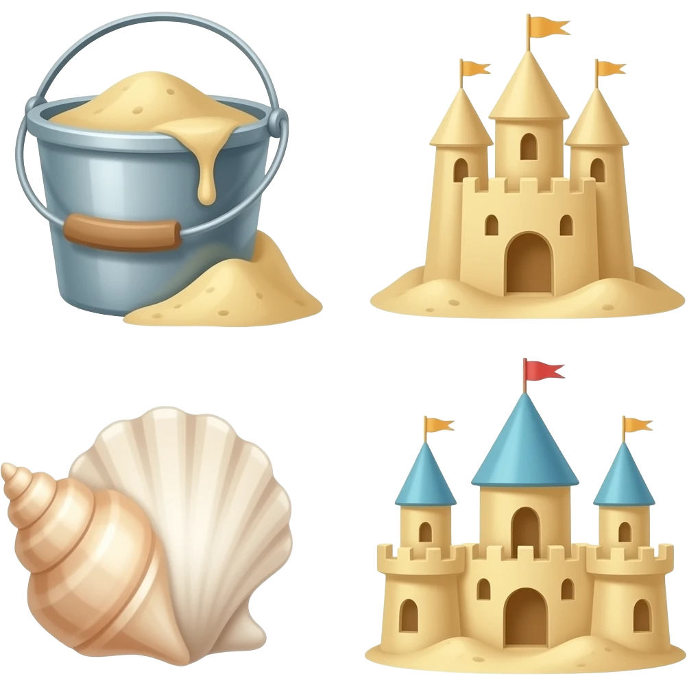 Bucket, sandcastle, and shells emoji
