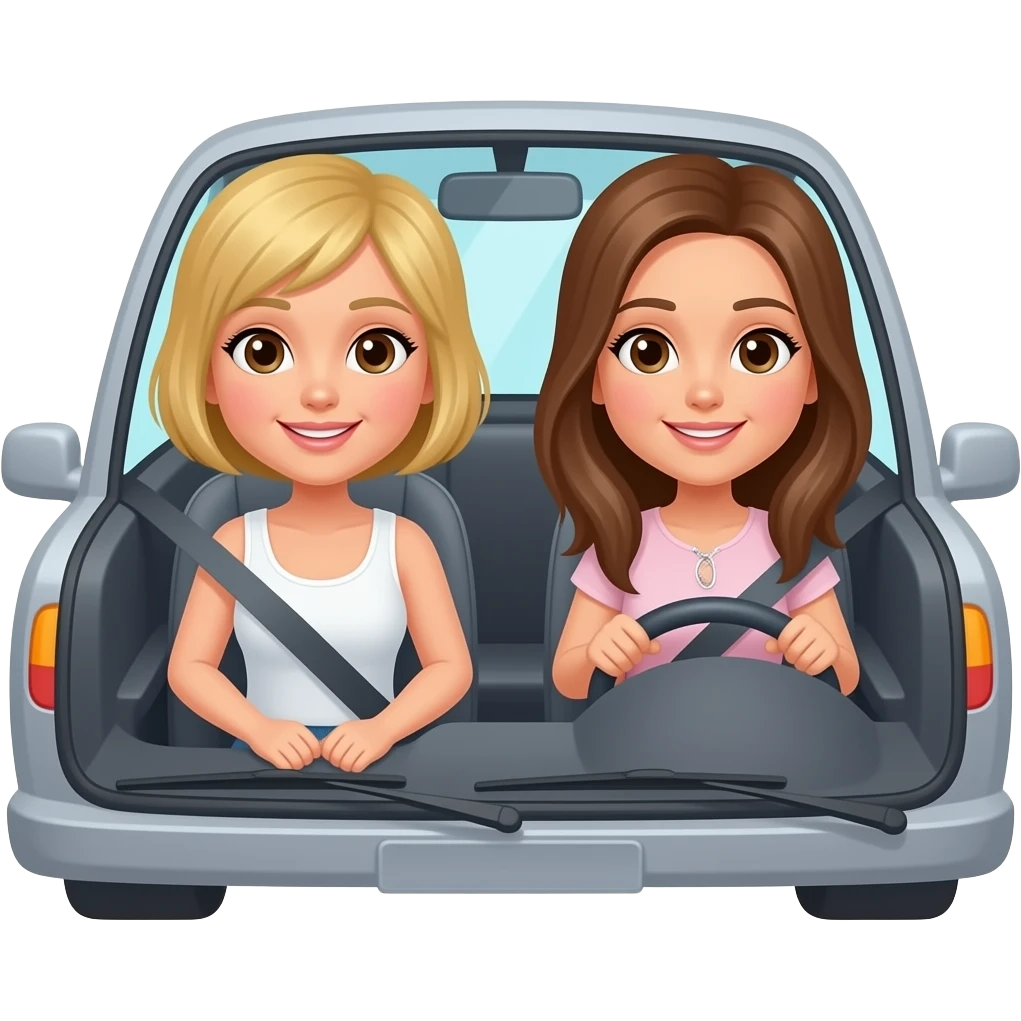 A blonde girl with short hair and a brunette girl with long hair In the car going to the beach emoji