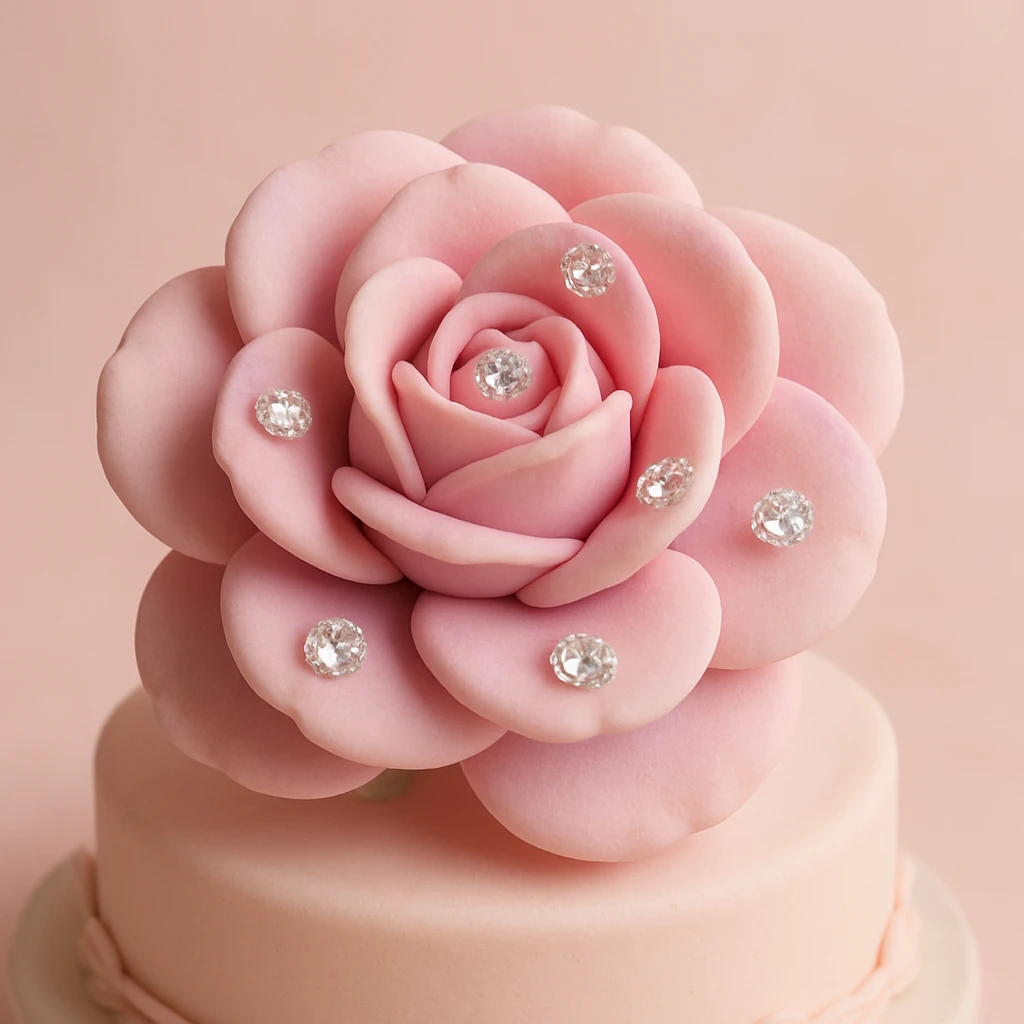 a pink flower with diamonds, elegant and sparkling, visually appealing, fondant cake art style emoji