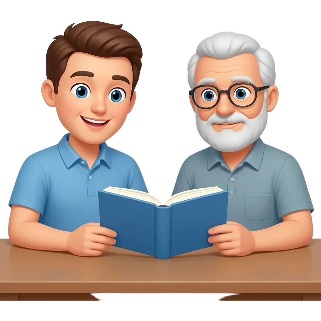one man showing an older man how to read sitting at a table with one book flat on the table emoji