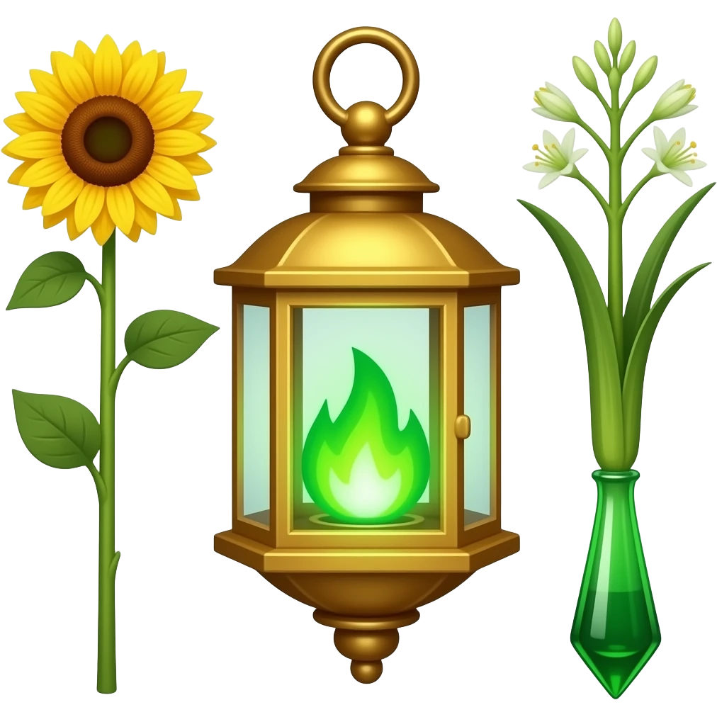 A golden hanging lantern with a bright emerald flames, an empty loop on top, sunflower on the left and fully bloomed asphodel on the right themed, but simple focus more on the green flames, paint the glass more green, have its bottom point come to some sort of point emoji